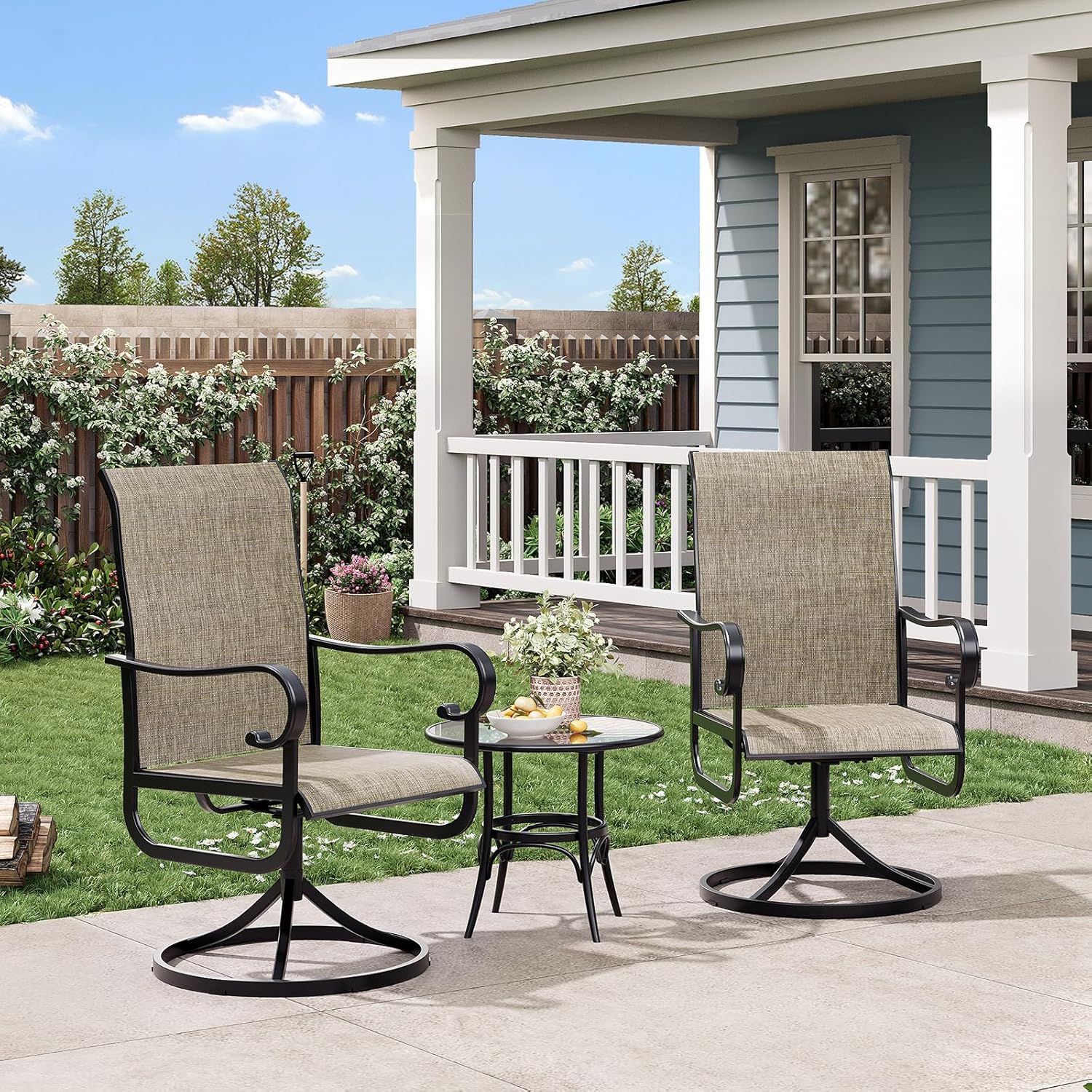 GarveeLife Patio Swivel Chair Set of 2, All-Weather Outdoor Dining Chairs with High Back, Rocker-Swivel Combo Patio Chairs for Backyard Deck Poolside, Brown
