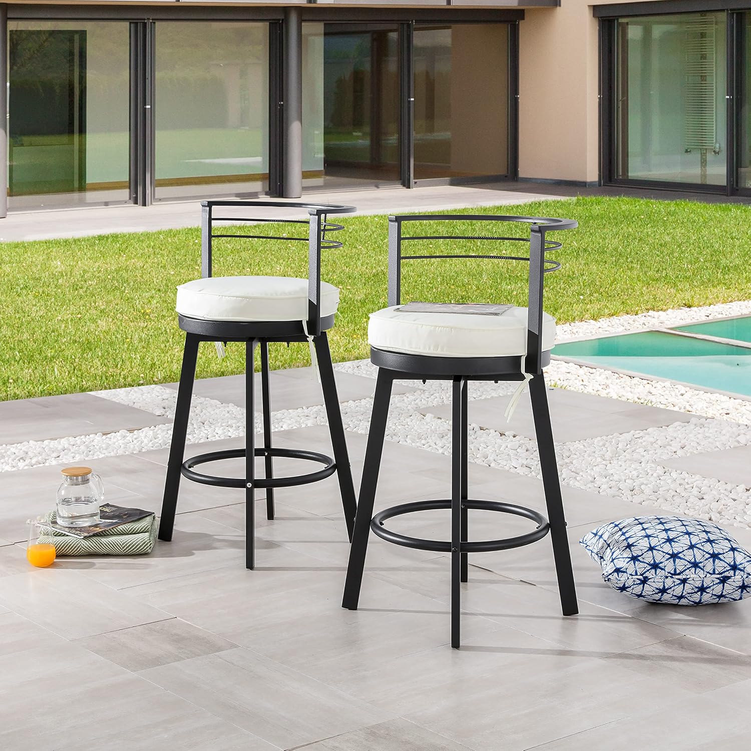 LOKATSE HOME 2 PCS Patio Swivel Bar Stools, Steel Bistro Pub Chairs Counter Height Barstool with Thick Cushion and Metal Frame for Backyard Deck Lawn Garden