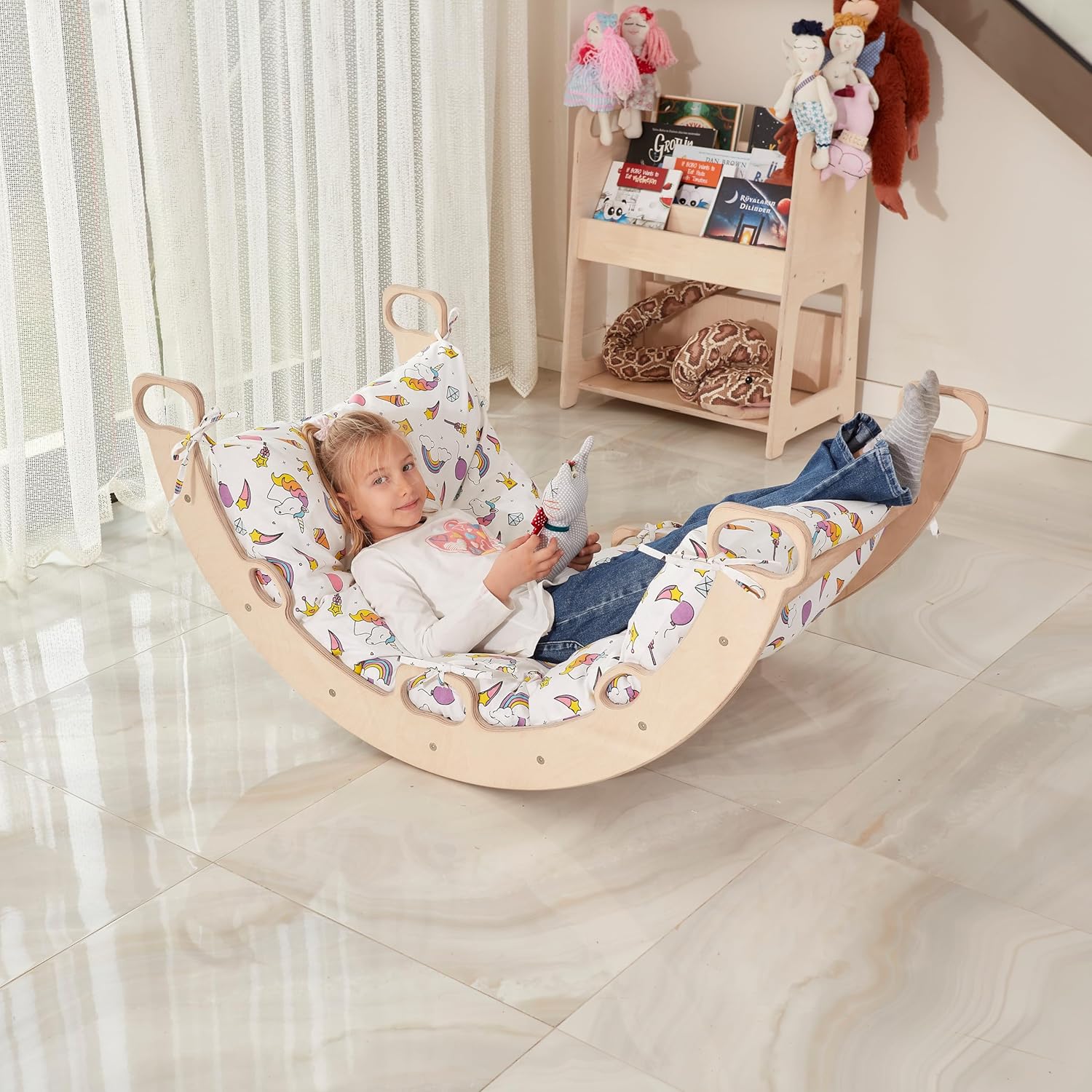 Climbing Arch with Unicorn Design Pillow | Montessori Climbing Arch with Pillow – Wooden Indoor Rocker Arch for Toddlers | Gross Motor Skills & Sensory Play for Kids 1-10 Birthday Gift (Unicorn)