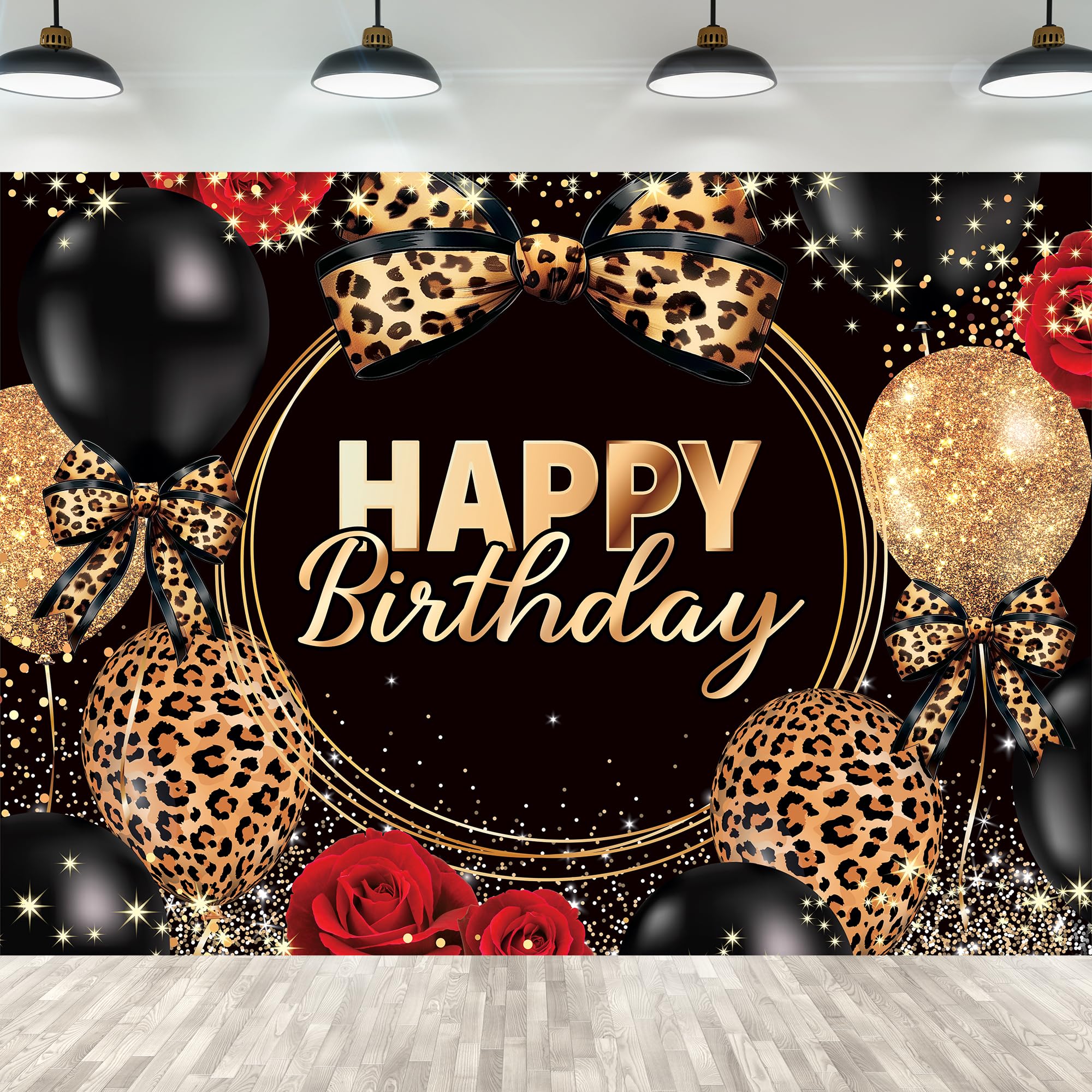 Homewelle Leopard Print Bow Happy Birthday Backdrop 7Wx5H Feet Polyester Fabric Black Gold Red Rose Cheetah Print Bownot Decoration Cool Balloon for