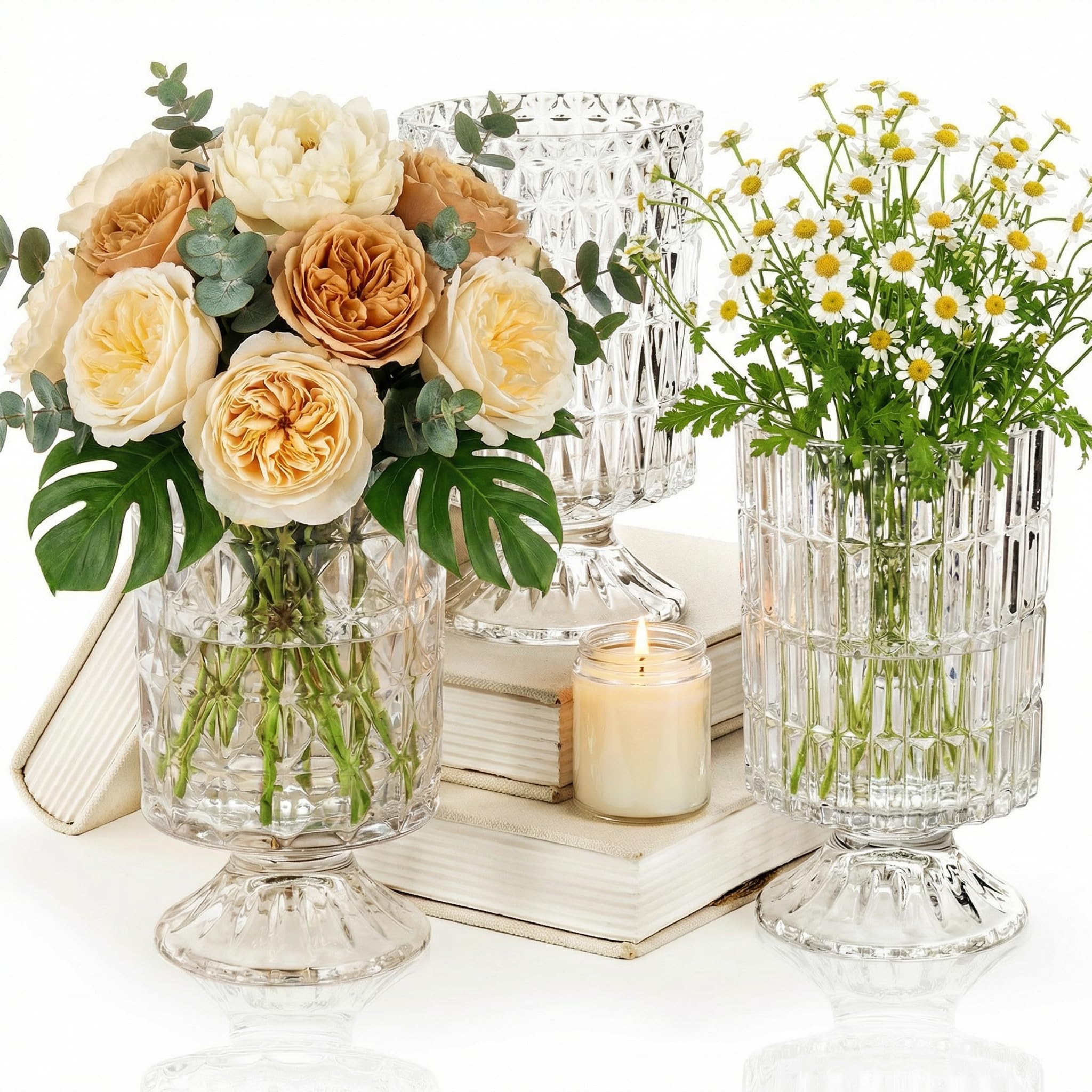 Goaste 3 Pack Embossed Big Base Vase, 7" Crystal Glass Vase, Hydroponic Green Plant Vases, Transparent Flower Vases with Ribbed Pattern for Wedding, Dining Table Centerpieces, Home Decor, Office