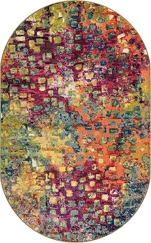 Miniatura 8 de Unique Loom Jardin Collection - Alfombra de área moderna, colorida, vibrante y abstracta (5 pies x 8 pies, ovalada, multicolor y azul)