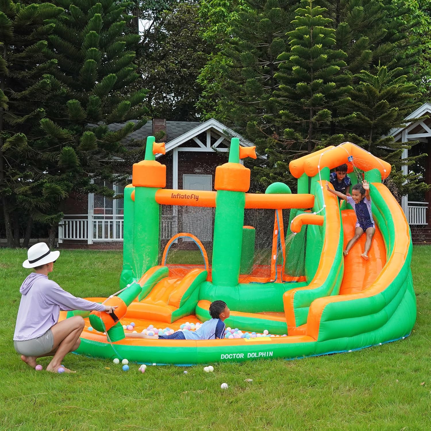 INFLATEFLY Inflatable Bounce House for Kids, 7-in-1 Jumping Castle with Double Slide, Water Gun, Splash Pool, Climbing Wall, Basketball Hoop, Ring Toss, 750W Blower for Indoor Outdoor Backyard