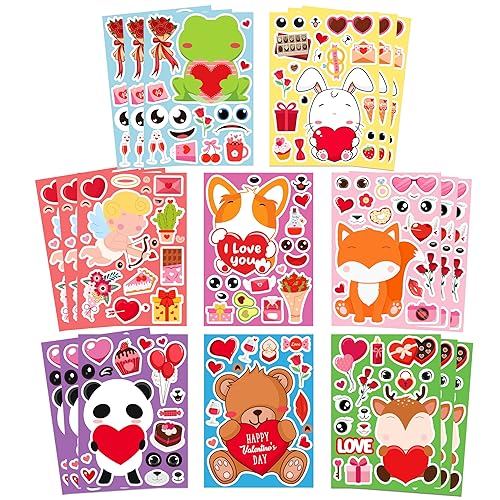24 Sheets Valentine's Day Make a Face Stickers, 8 Designs