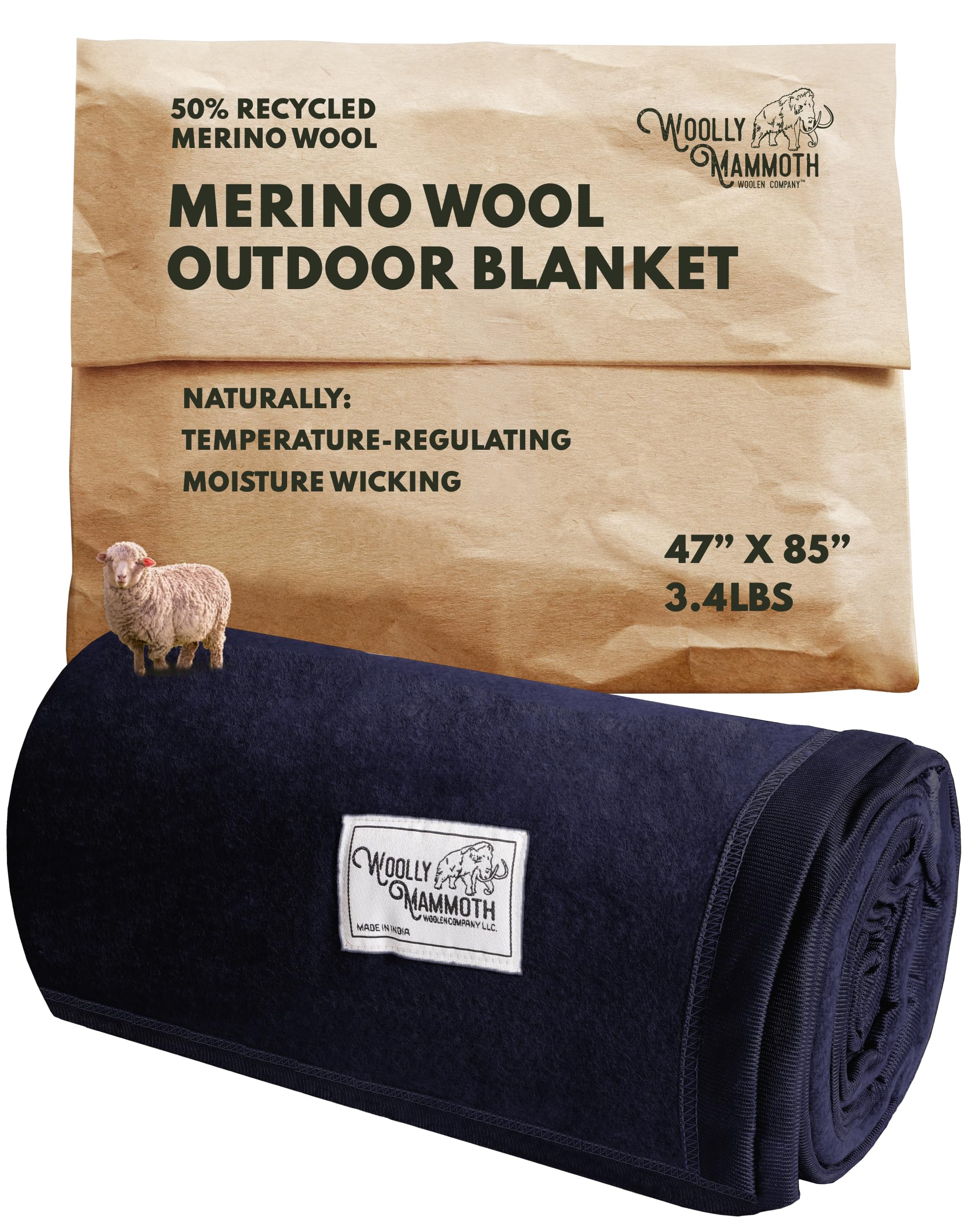 Woolly Mammoth Wool Blanket, Warm & Thick 50% Wool Blankets - Machine-Washable, Travel Blanket, Warm Winter Outdoor Blanket - 85" x 47" Navy Blue