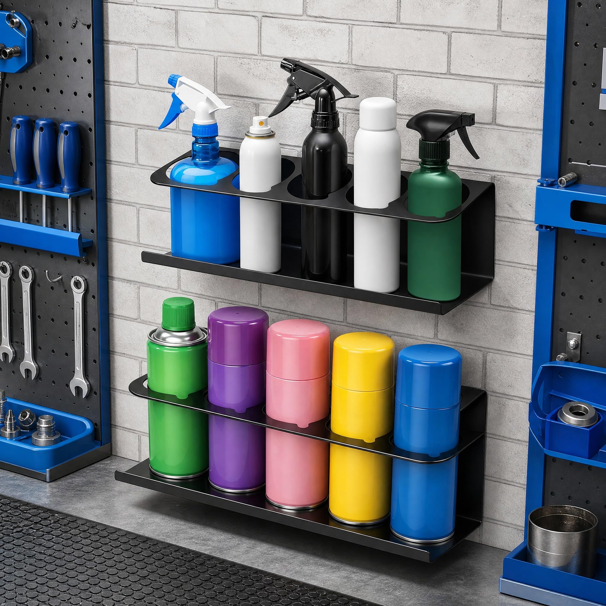 2 soportes para latas de aerosol de acero al carbono negro para 5 latas de 7,6 cm, soporte para latas de taller con tubo de expansión y tornillos, accesorios para garaje, taller, caravana