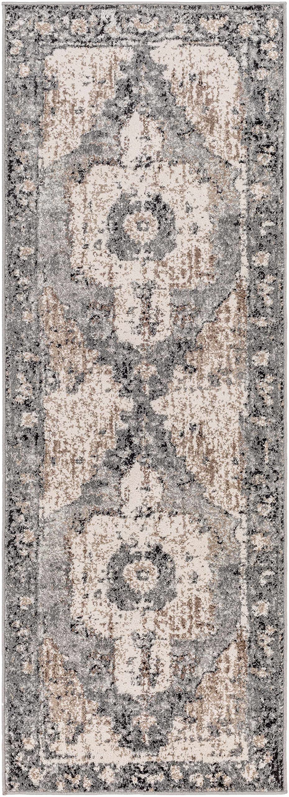BoutiqueRugs Newalla Bohemian Oriental Medallion Runner Rug - Farmhouse Traditional Floral Carpet for Hallway - Gray, Blue, Cream - 2'7