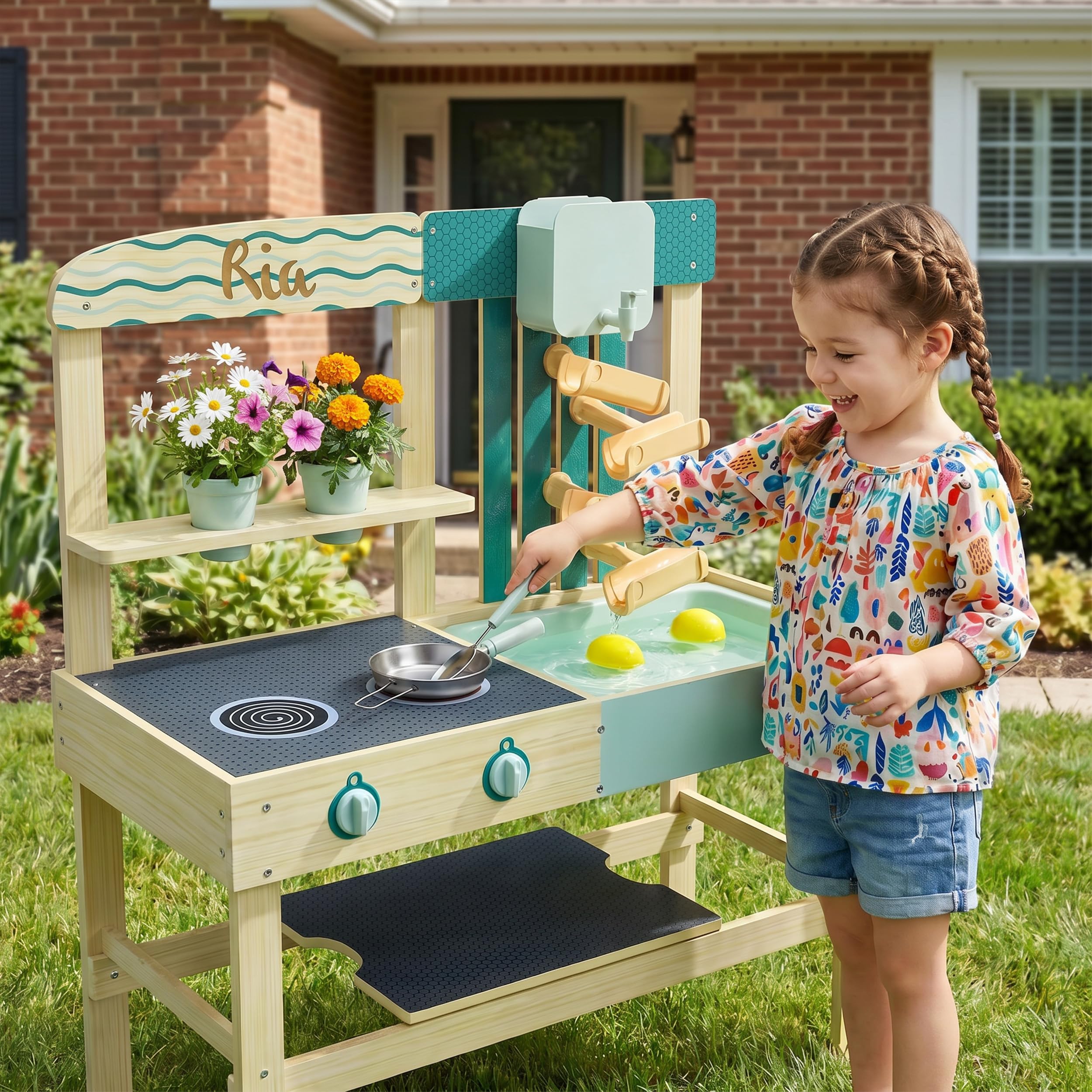 Cocina de juego personalizable para niños al aire libre con depósito de agua y accesorios de madera – Juguete de jardín para niños a partir de 3 años, juguete de exterior con pista de agua, accesorios