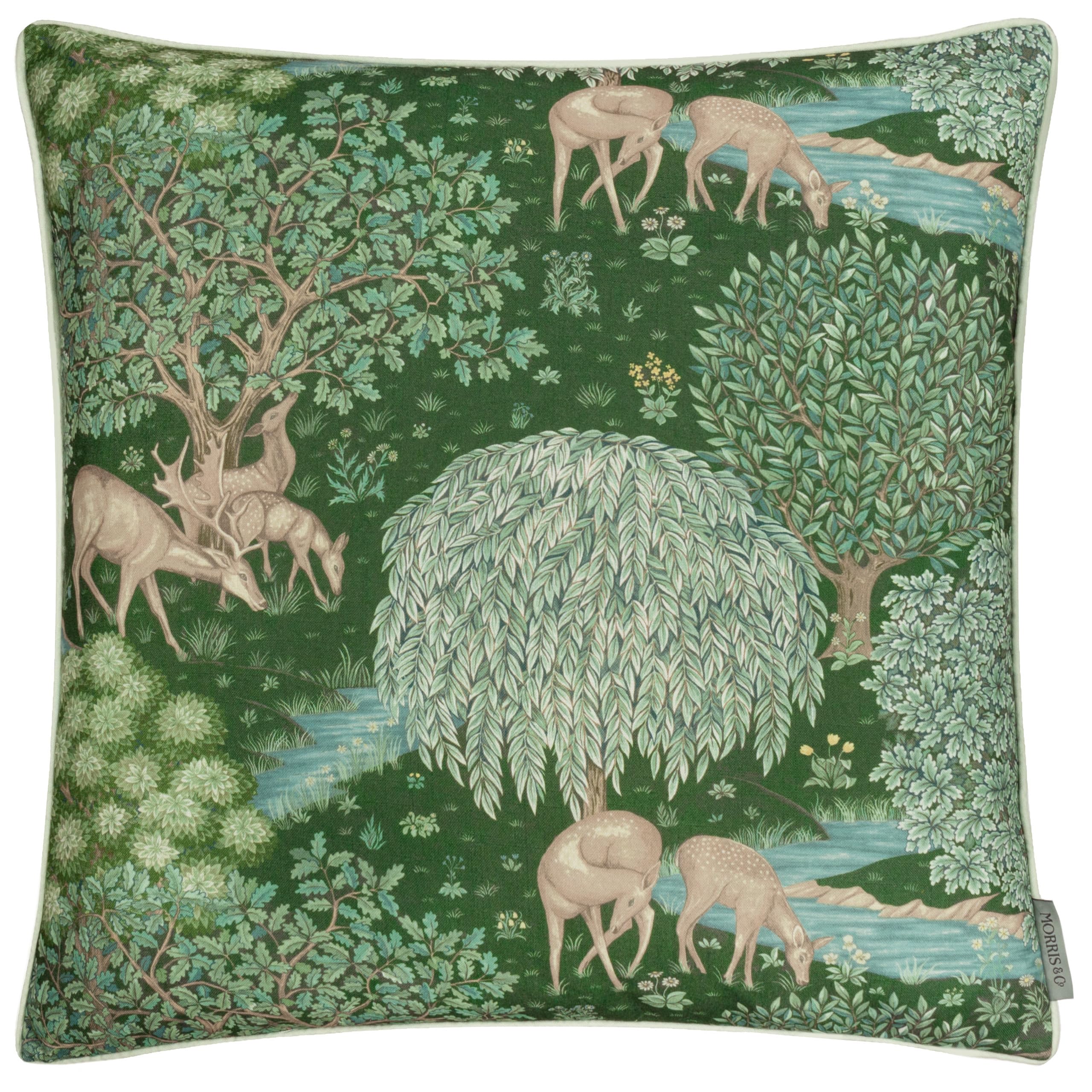 Morris&Co. Brook Outdoor Cushion – Medieval Tapestry-Inspired Jacquard Water Resistant Garden Pillow with Piped Trim (Forest Green - 55x55cm)