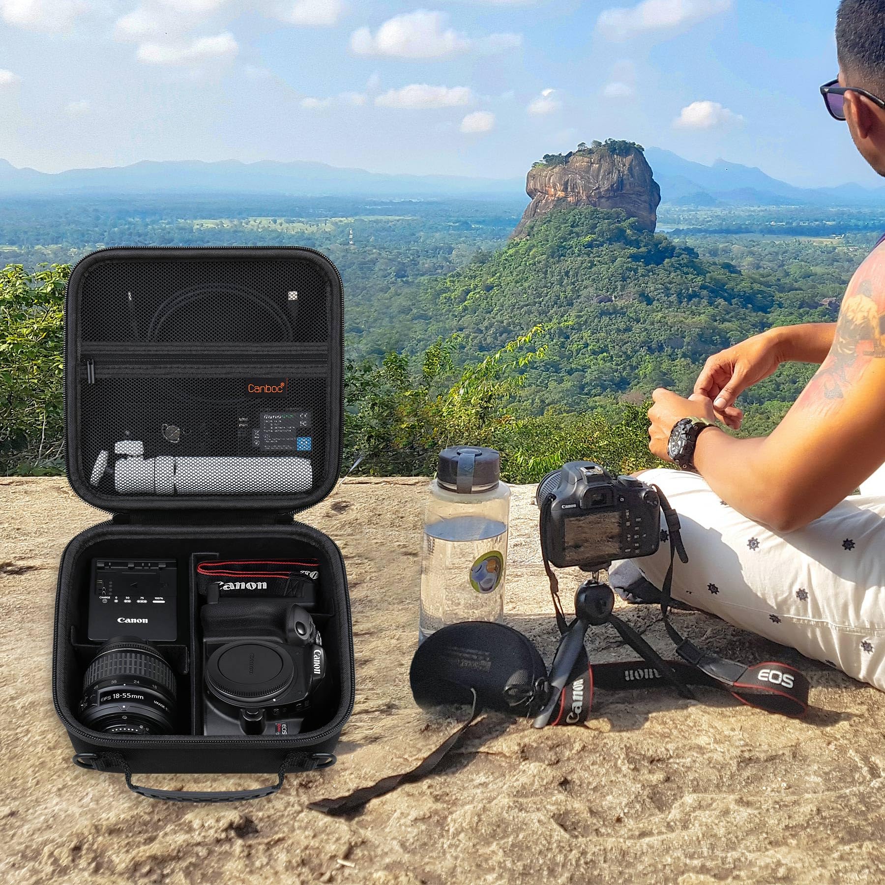 Canboc Custodia fotocamera DSLR Canon EOS Rebel T7/ R50/ R50 V/ R6 Mark II/ R100/ R8/ R7/ R5/ 90D/ 5D Mark IV e obiettivo 18-55 mm, borsa con tracolla e 3 divisori, nera (solo custodia)