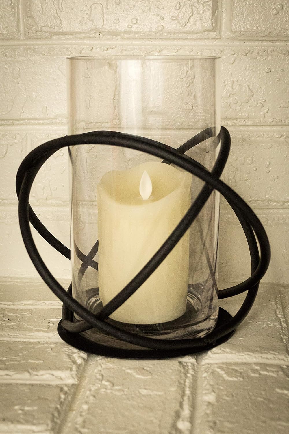 Candle Holder Large Iron and Glass Orbits Hurricane Candle Holder, Removable Glass Hurricane Plus LED Flickering Flameless Wax Candle with Remote Enchanting Table and Room Decor Indoor Outdoor : Home & Kitchen