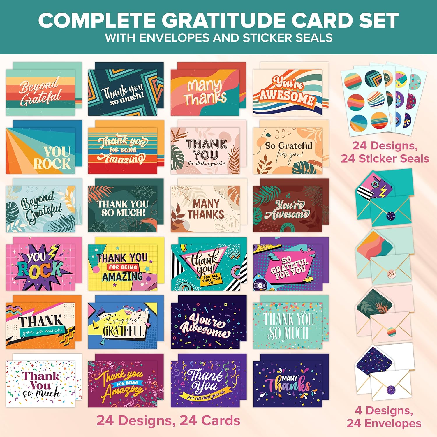 Decorably 24 Pack 6x4in Gratitude Assorted Thank You Cards Variety Pack with Envelopes and Stickers, 8 Colorful Designs for Friends, Loved Ones, Coworkers, Teachers, Blank Inside - All Occasions - Image 2