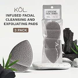 KOL Face Scrubber Pads, Premium Charcoal and Vitamin E Infused Exfoliating Facial Cleansing Sponges for Daily Face Wash and Makeup Removal, 3 Count