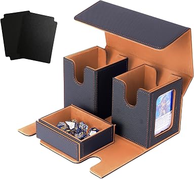 Deck Case, Trekker Case, Card Display Window, 200 Count, 3 in 1, Double Layer, Triple Sleeve, Leather Black Interior Orange