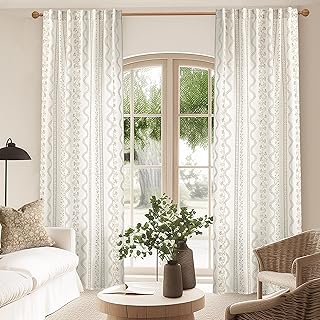 Patterned Farmhouse Linen Curtains 84 Inch Length for Living Room,Neutra...
