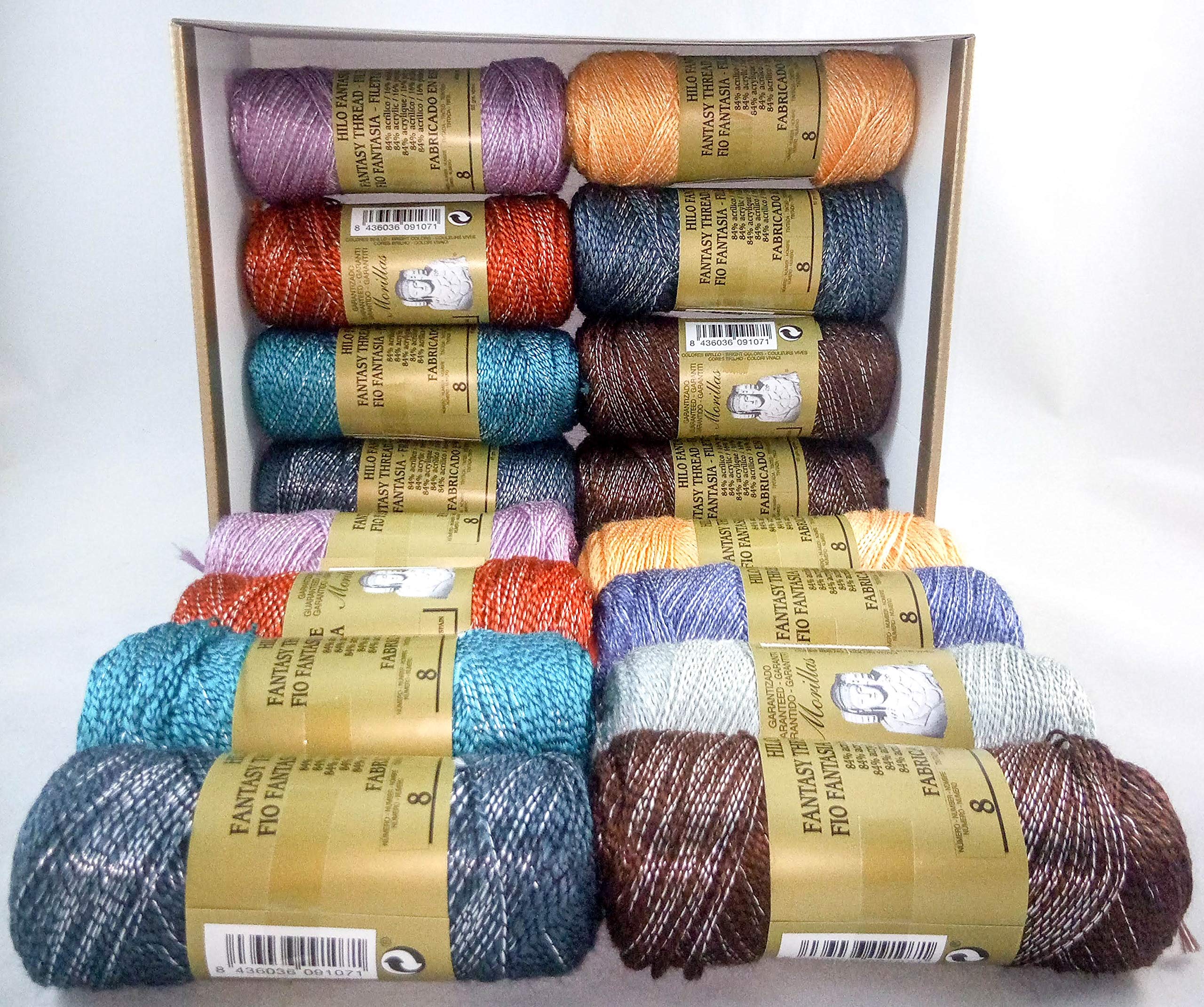 ▷ Pack de 16 Zepelines Hilo Fantasía Nº 8 BRILLO COL. OSCUROS (84% Acrílico/ 16% Poliéster) para tejer labores de ganchillo o punto con un acabado elegante.