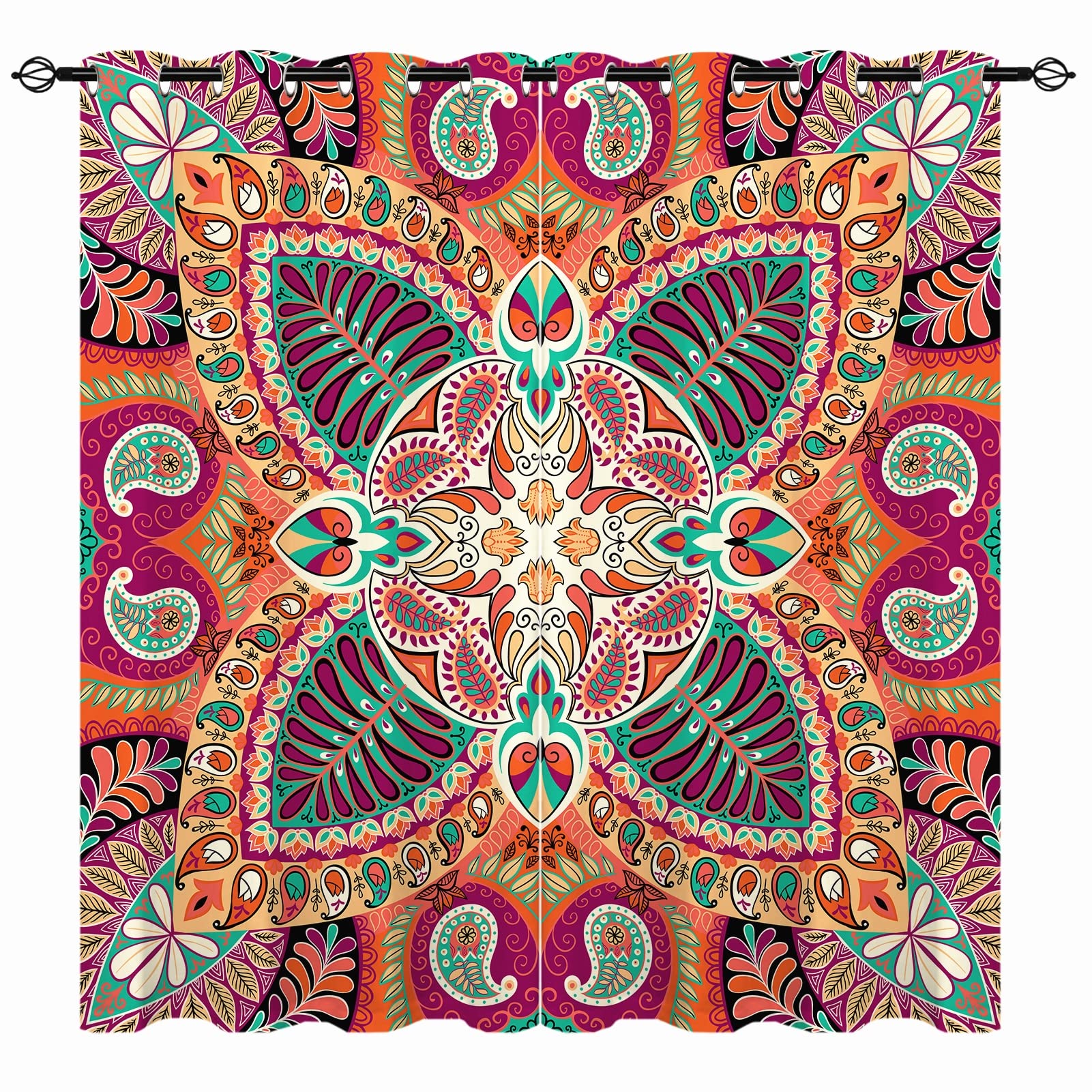 YUANZU Boho Curtains - Girls Ethnic Colorful Indian Retro Floral Paisley Mandala Flower Style Print Pattern Eyelet Blackout Thermal Window Drapes for Bedroom Living Room 2 Panels W117cm x D229cm โ image 1