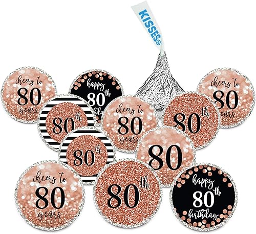Andaz Press Glitzy - Etiquetas de gota de chocolate con purpurina de oro rosa sintético, saludos a 80 años, 80 cumpleaños o aniversario, paquete de
