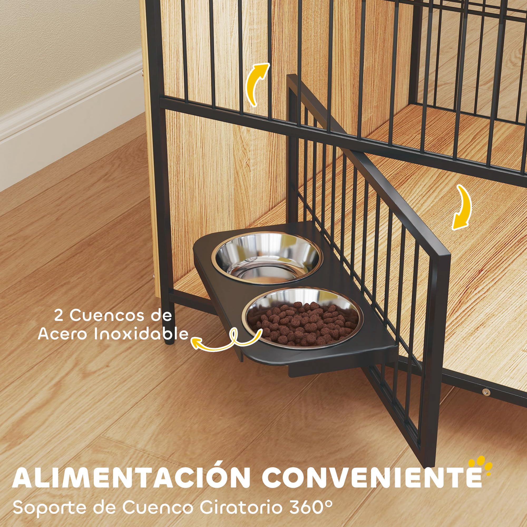 PawHut Jaula para Perros Mesa Auxiliar Moderna Casa para Mascotas con Soporte Giratorio con 2 Tazones 2 Puertas y Estante de Almacenamiento Superior para Perros Medianos 80x56x76,5 cm Roble