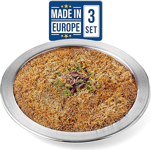 Volarium Kunefe - Platos medianos de cocina y servir para Kunafa, Kataifi, Knafeh y masa filo triturada, juego de 3, aluminio, plateado (pequeño, 3