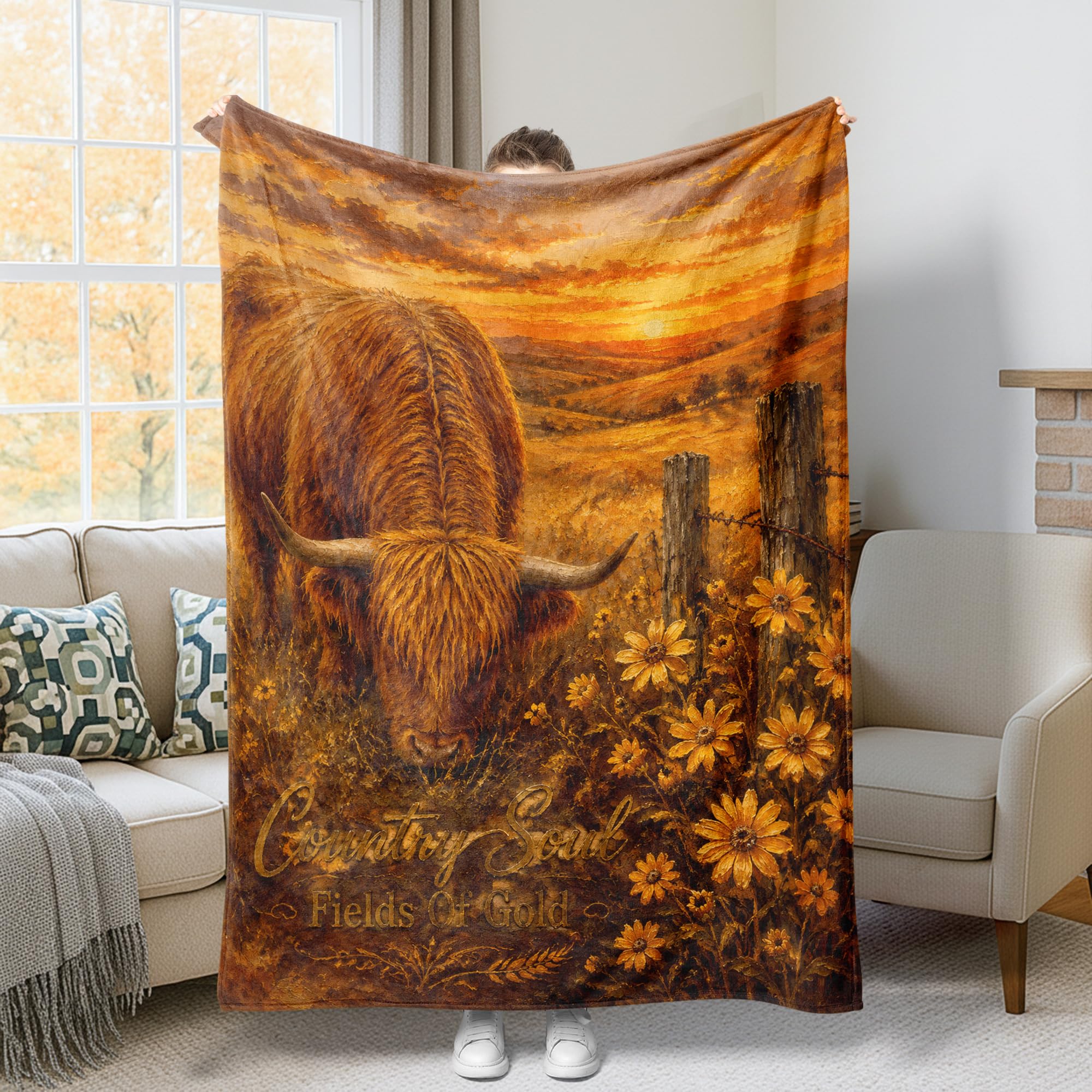 Couverture en fourrure vache Highland rustique imprimé floral 152x127cm