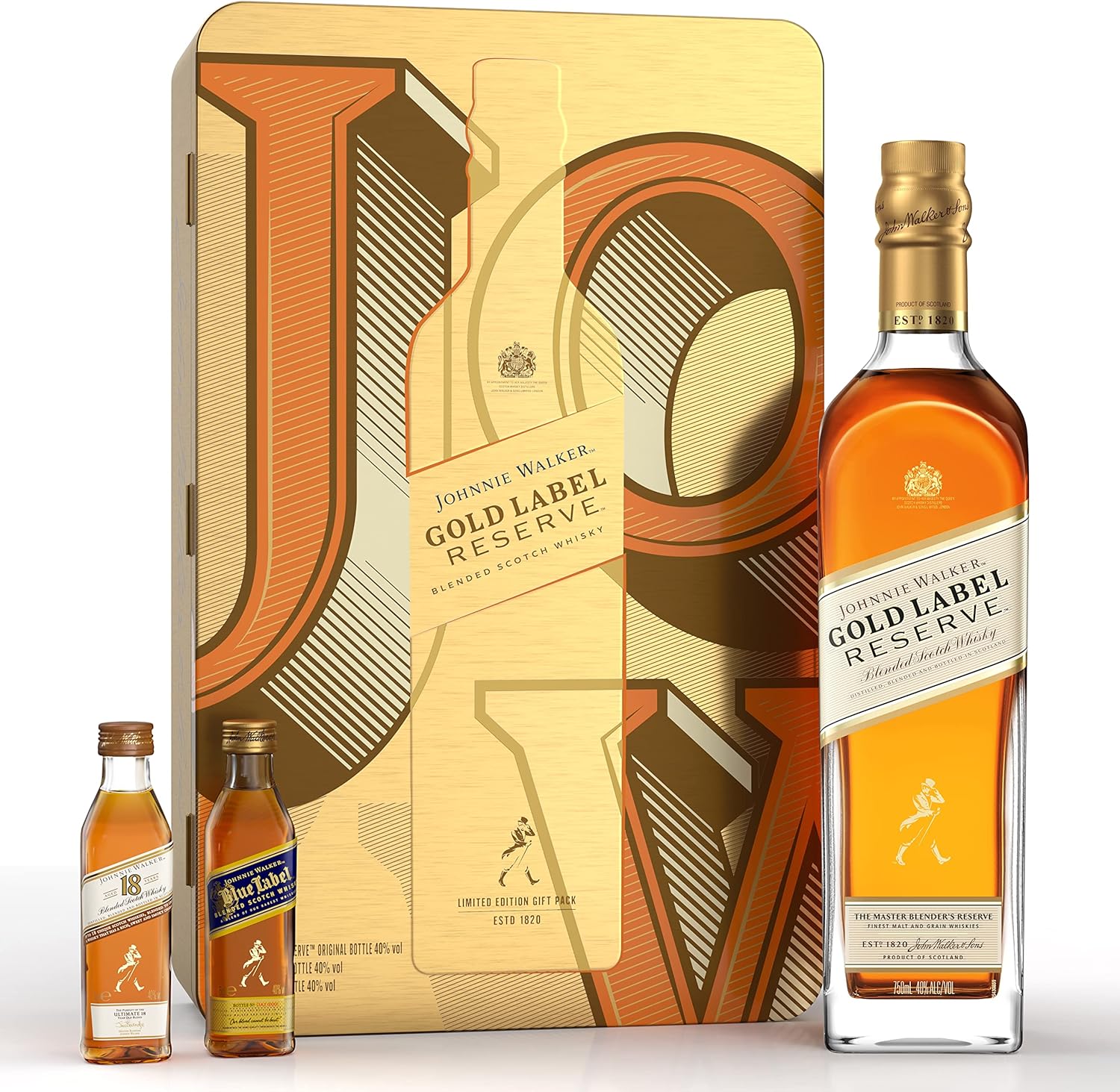 Johnnie Walker Gold Label Reserve Blended Scotch Whisky 700ml Geschenkset Aus Metall 2 X 5cl Johnnie Walker Miniatur Amazon De