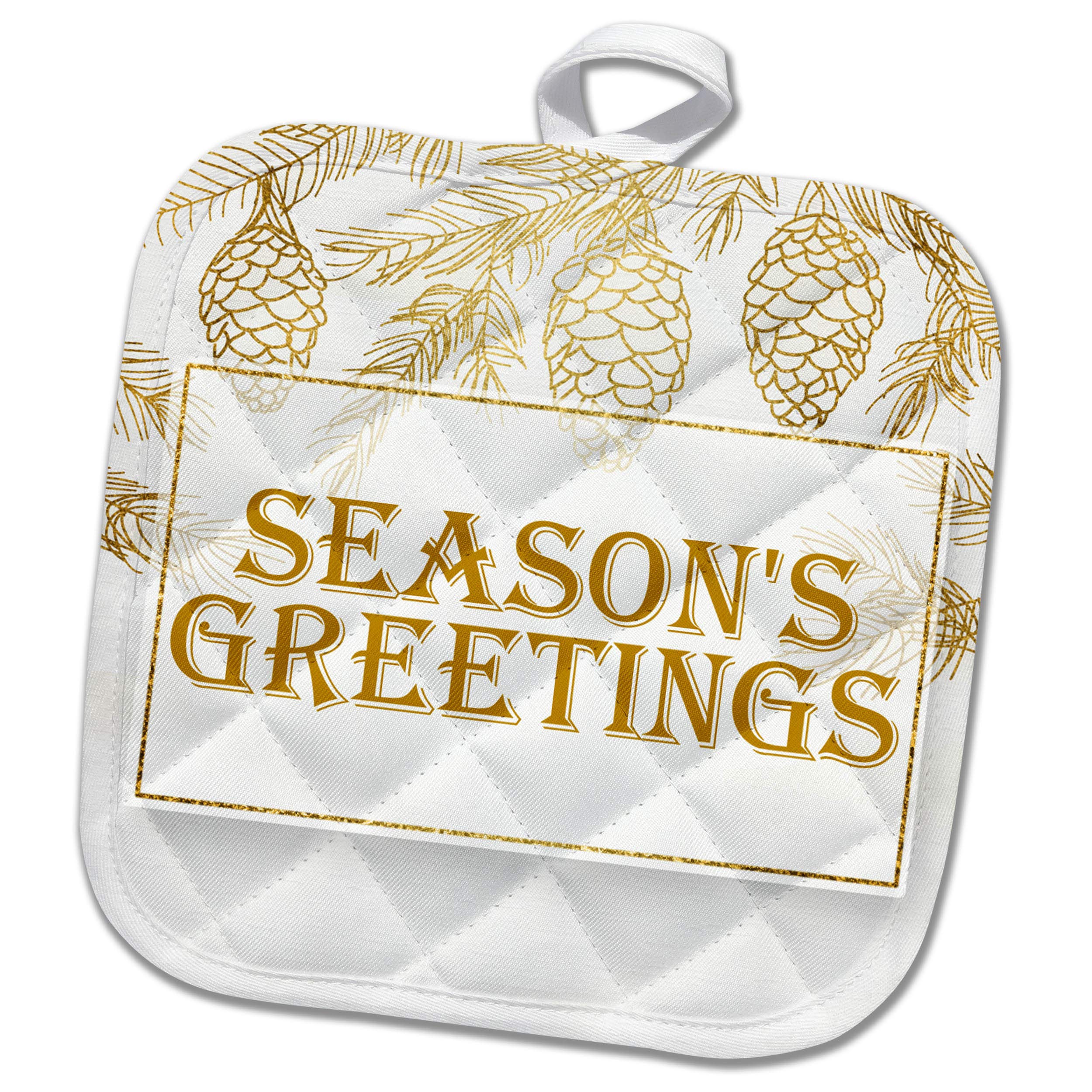 3dRose Doreen Erhardt Collection-Image of Gold and White Seasons Greetings Pine Needles Christmas (phl-298759-1) Potholder