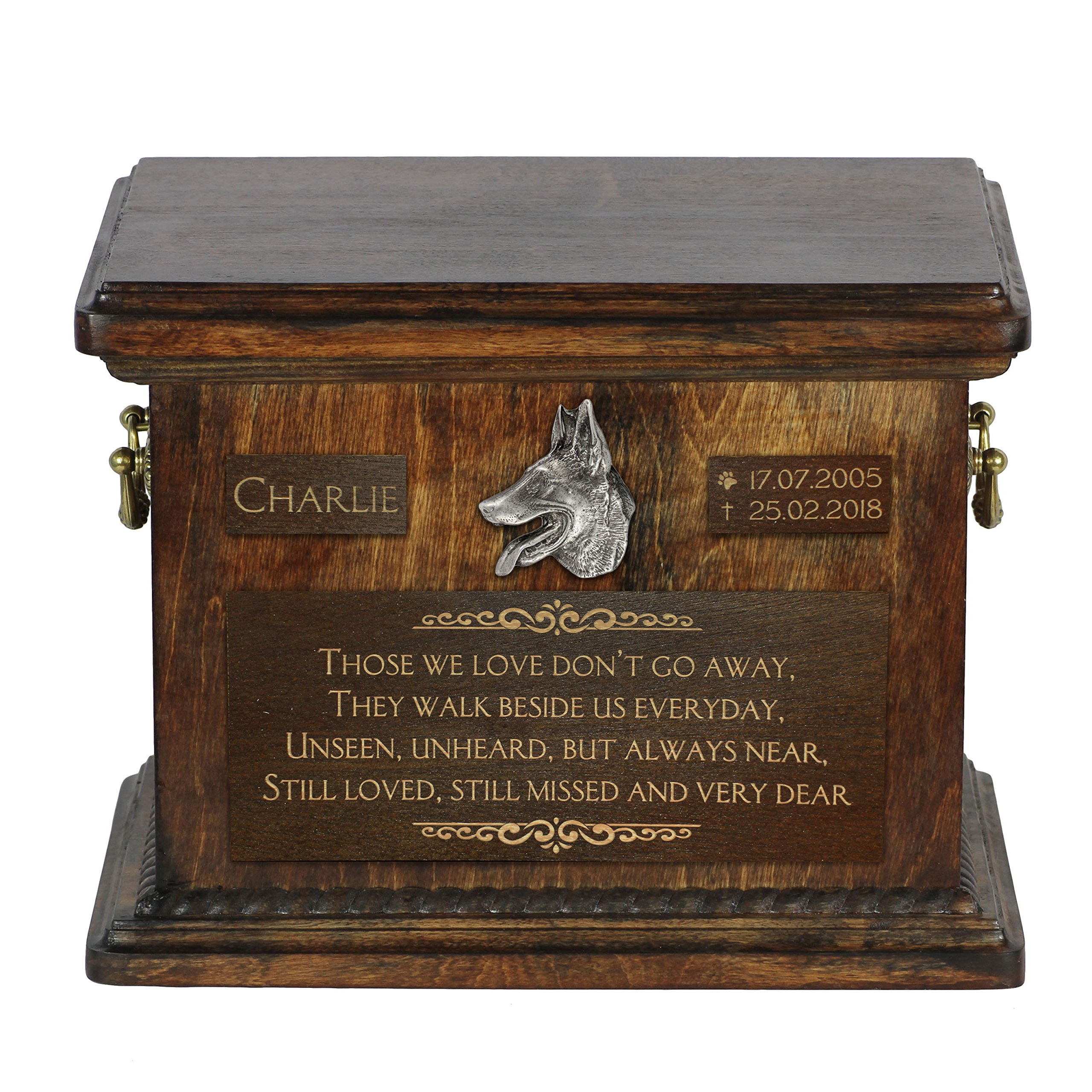 Art-Dog Pet Memorial Urn - Handmade Cold Cast Bronze Portrait on Birch Base - Personalized Dog Cremation Box – Custom Engraving – 8,3x11,4x8,7” – Malinois — image 1