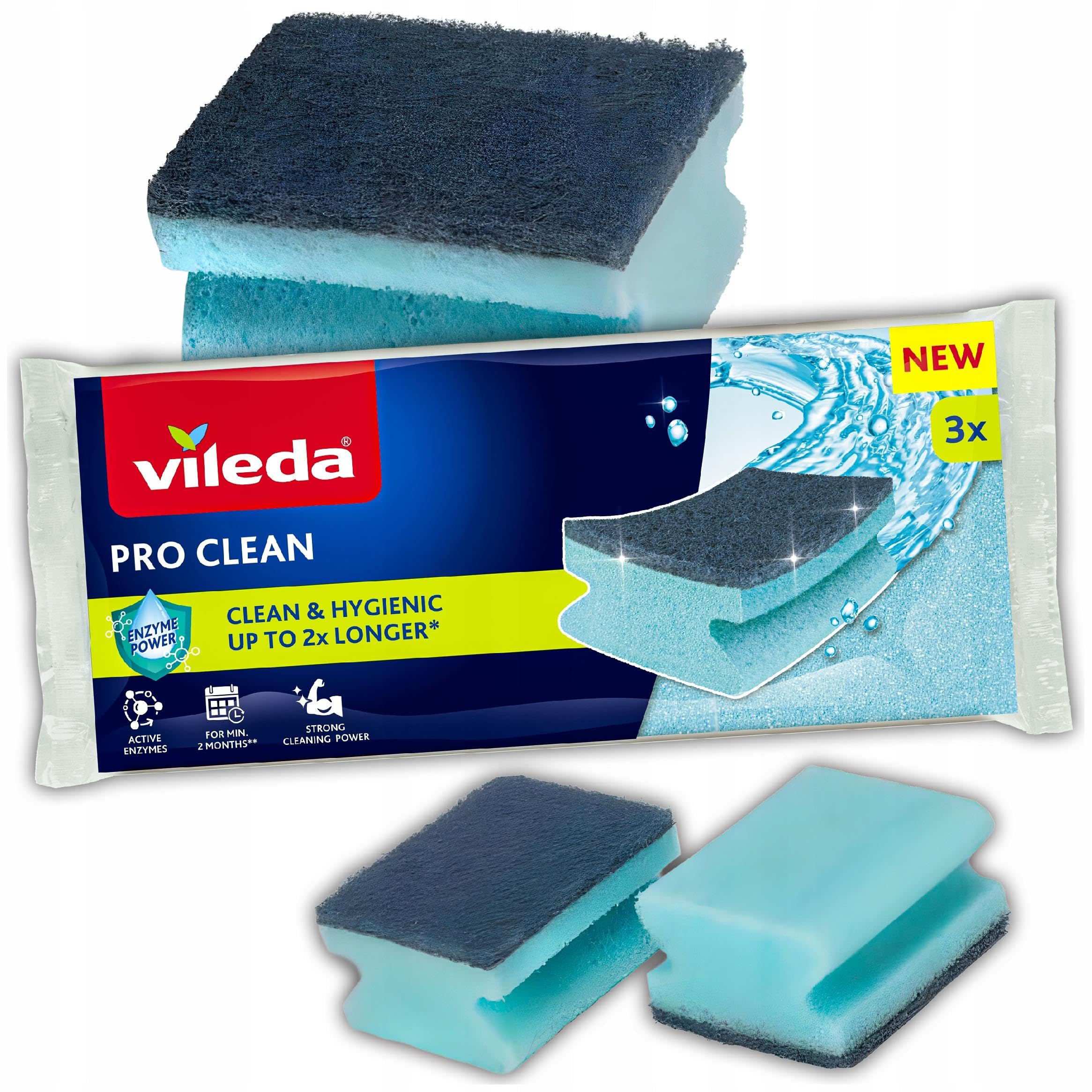 Vileda Pro Clean Zmywak z enzymami gąbka do czyszczenia, zmywania i sprzątanaia 3 szt.