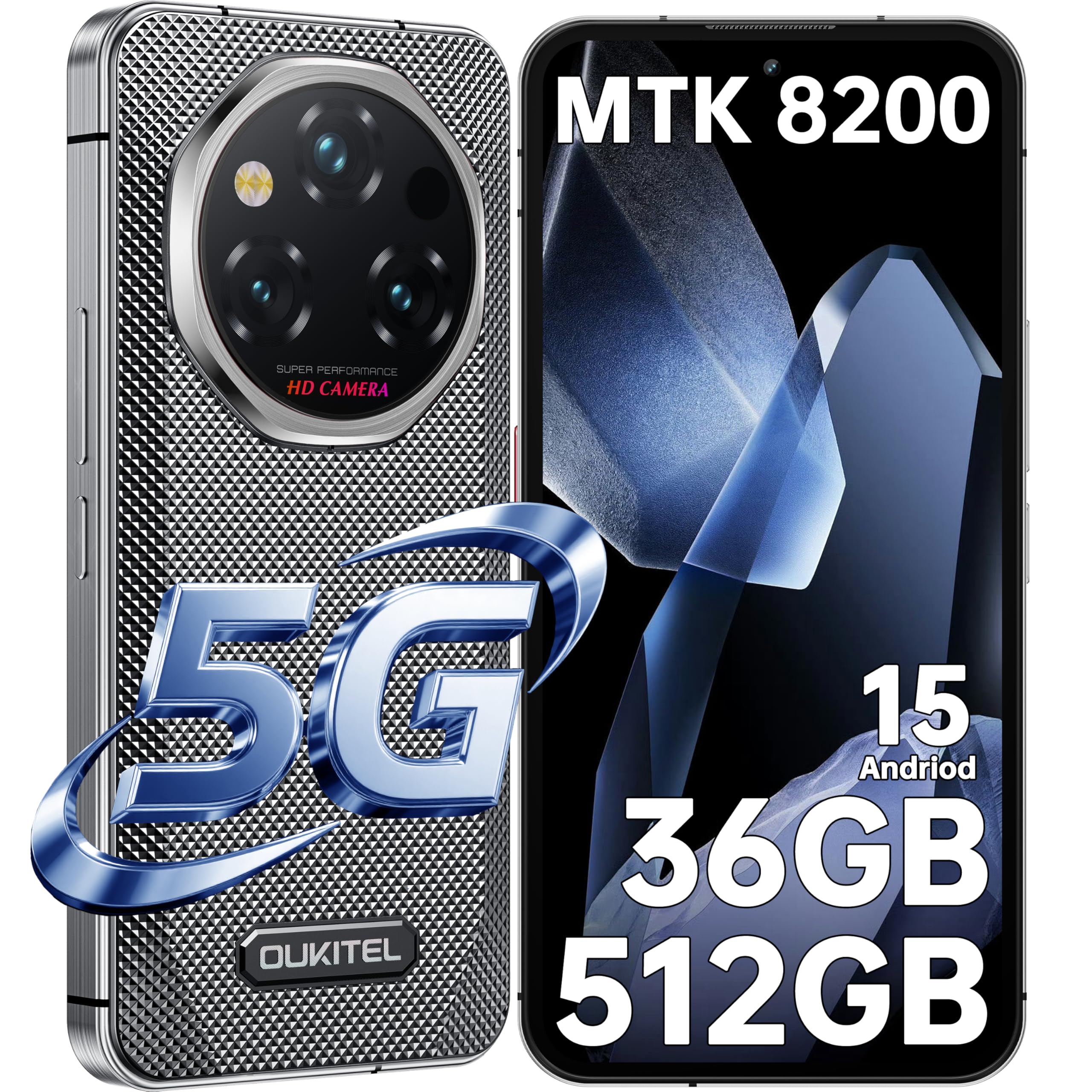 OUKITEL WP210 Rugged Smartphone 5G, Dimensity 8200+ 5G Phone, 36GB+512GB, 6.7" FHD+ AMOLED, 108MP+32MP Camera, 45W Fast Charge, Rugged Phones Android 15, 13.7mm Slim, Support OTA, NFC, GPS, Black