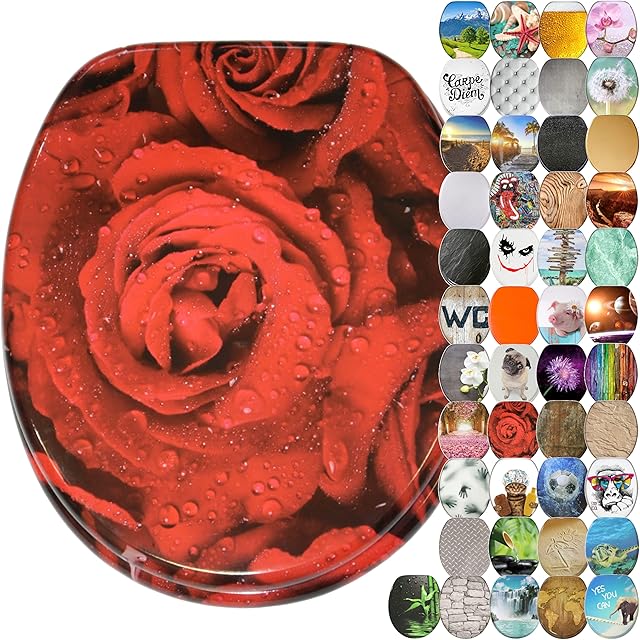 Soft Close Toilet Seat | Wide Choice of New Toilet Seats | Stable Hinges | Easy to Mount (Roses)