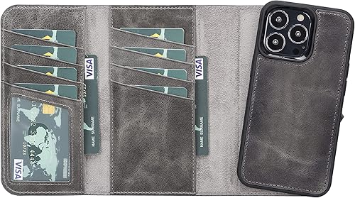 Miniatura 2 de Bayelon Funda para iPhone 13 Pro, funda de cuero de grano completo de triple pliegue, cartera magnética desmontable para teléfono, funda abatible