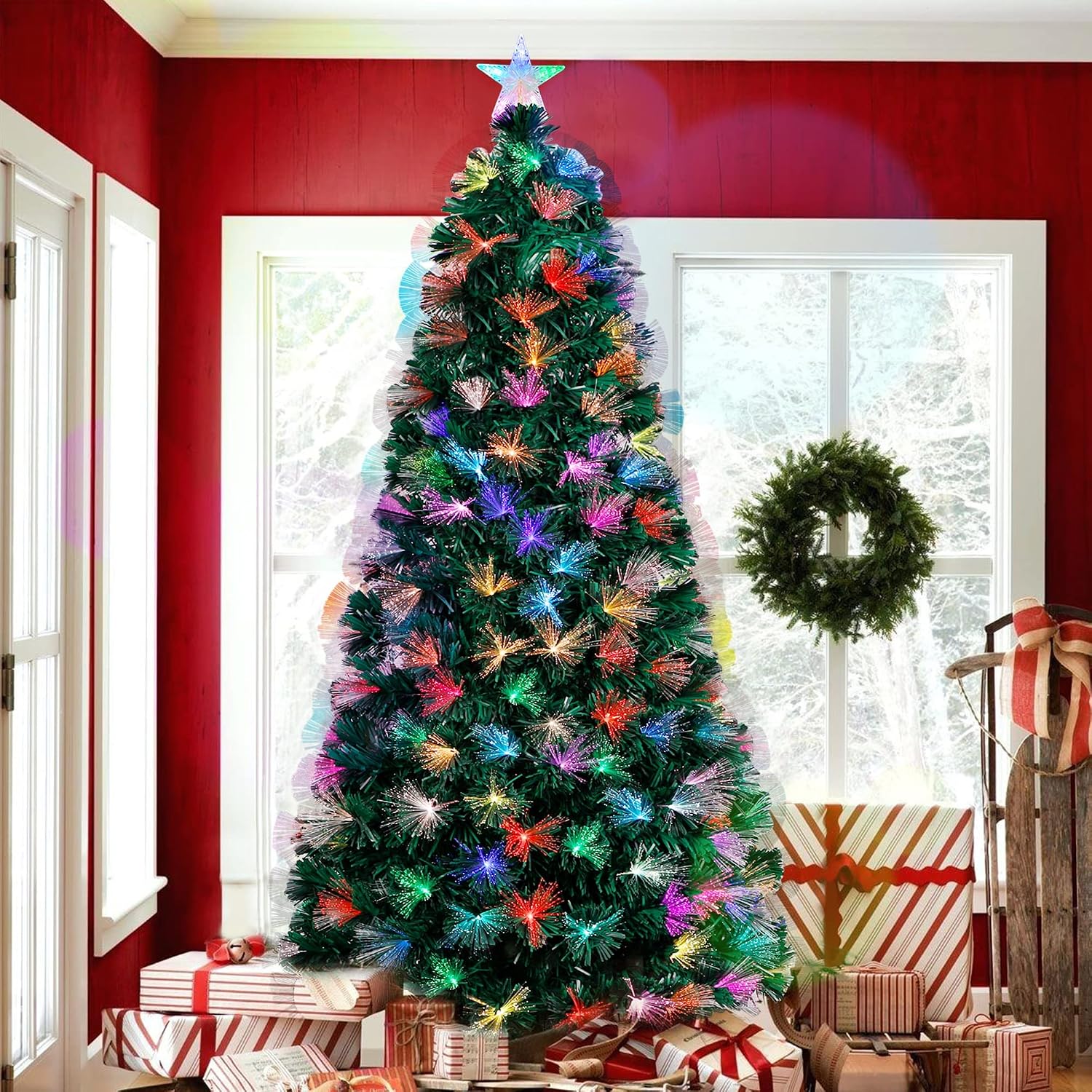 Blissun 6 ft Pre-Lit Fiber Optic Christmas Tree, Prelit Artificial Christmas Tree with Color Changing Lights and Top Star, Xmas Pine Tree for Indoor and Outdoor Holiday Christmas Decorations