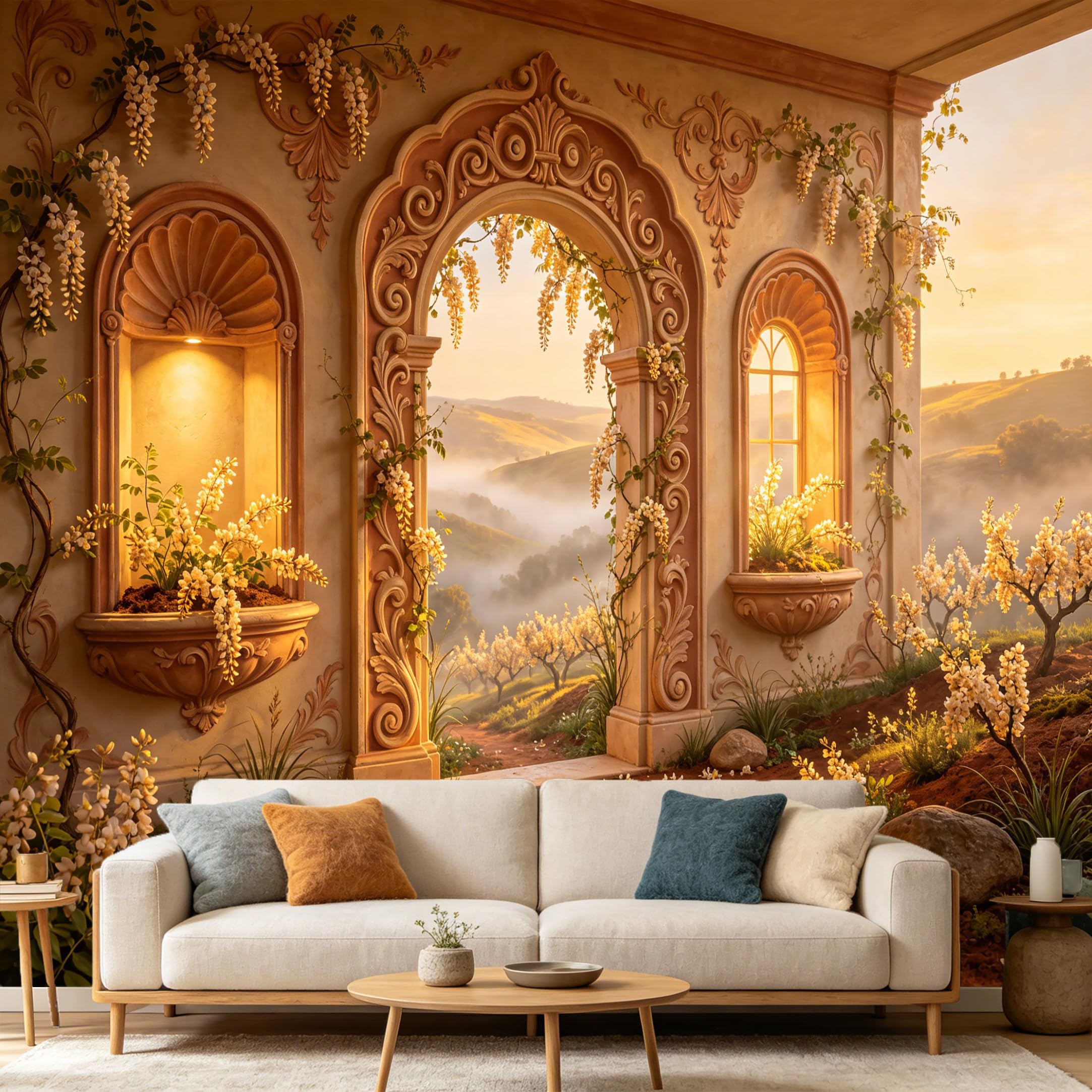 Custom Size Wall Mural， Neoclassical European Archway Landscape Flowers Sunset， SelfAdhesive Art Prints wall Fabric Removable Large Wallpaper Home Living Room Decor