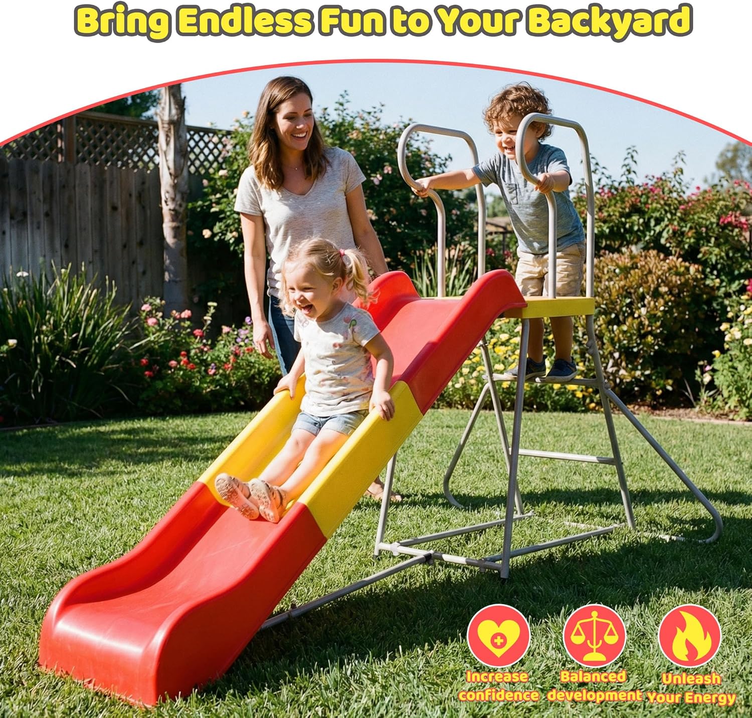 2 in 1 Kid Slide, Freestanding Outdoor Slide for Kids Ages 3-8, 6.4 FT Plastic Slide for Backyard Garden Patio, Gift to Boys and Girls, Metal Frame, Easy Assembly (Red)