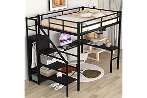 Full Size Loft Bed with Wardrobe, Desk, RGB Light, Charging Station, Stairs-Heavy...