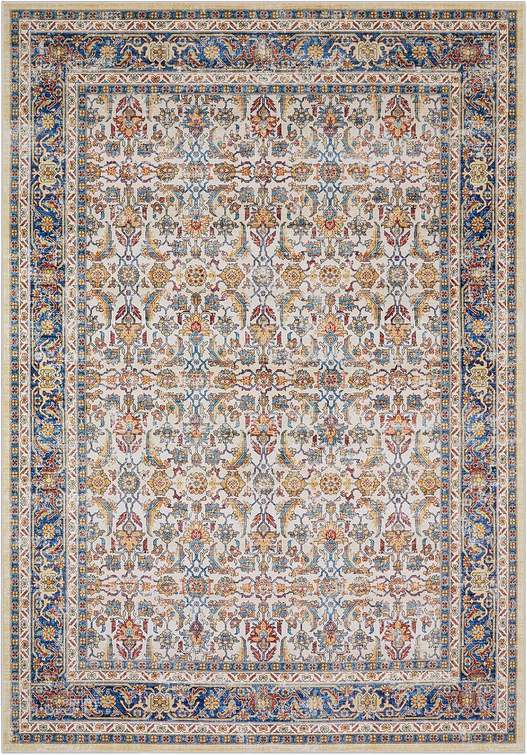 Area Rugs for Living Room Bedroom: 9x12 Rug Machine Washable with Non-Slip Backing Non-Shedding Stain Resistant, Boho Floral Large Carpet for Dining Room Nursery Home Office Indoor Decor (Blue/Brown)