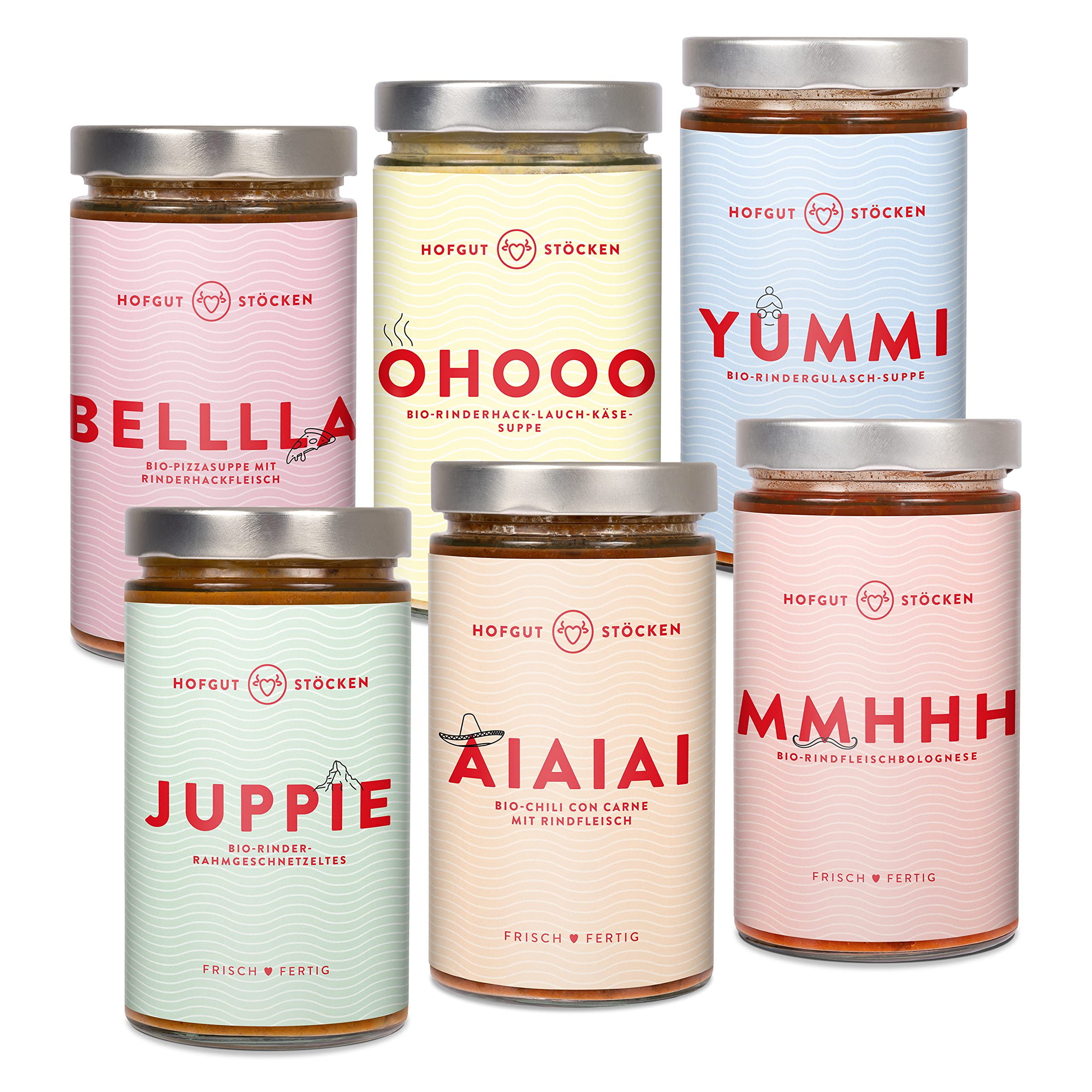 Hofgut Stöcken | Genießerpaket "Camper" vom Testsieger | 6x 620ml Bio-Fertiggerichte im Glas |Bio-Pizzasuppe|Bio-Käsesuppe|Bio-Gulaschsuppe|Bio-Rahmgeschnetzeltes|Bio-Chili con Carne|Bio-Bolognese