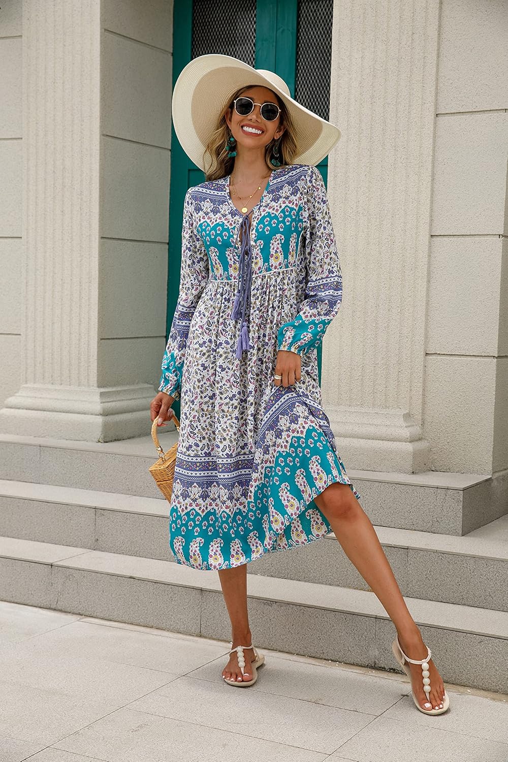 R.Vivimos Women's Long Sleeves Floral Print Retro V Neck Tassel Casual Bohemian Midi Dresses - Image 3