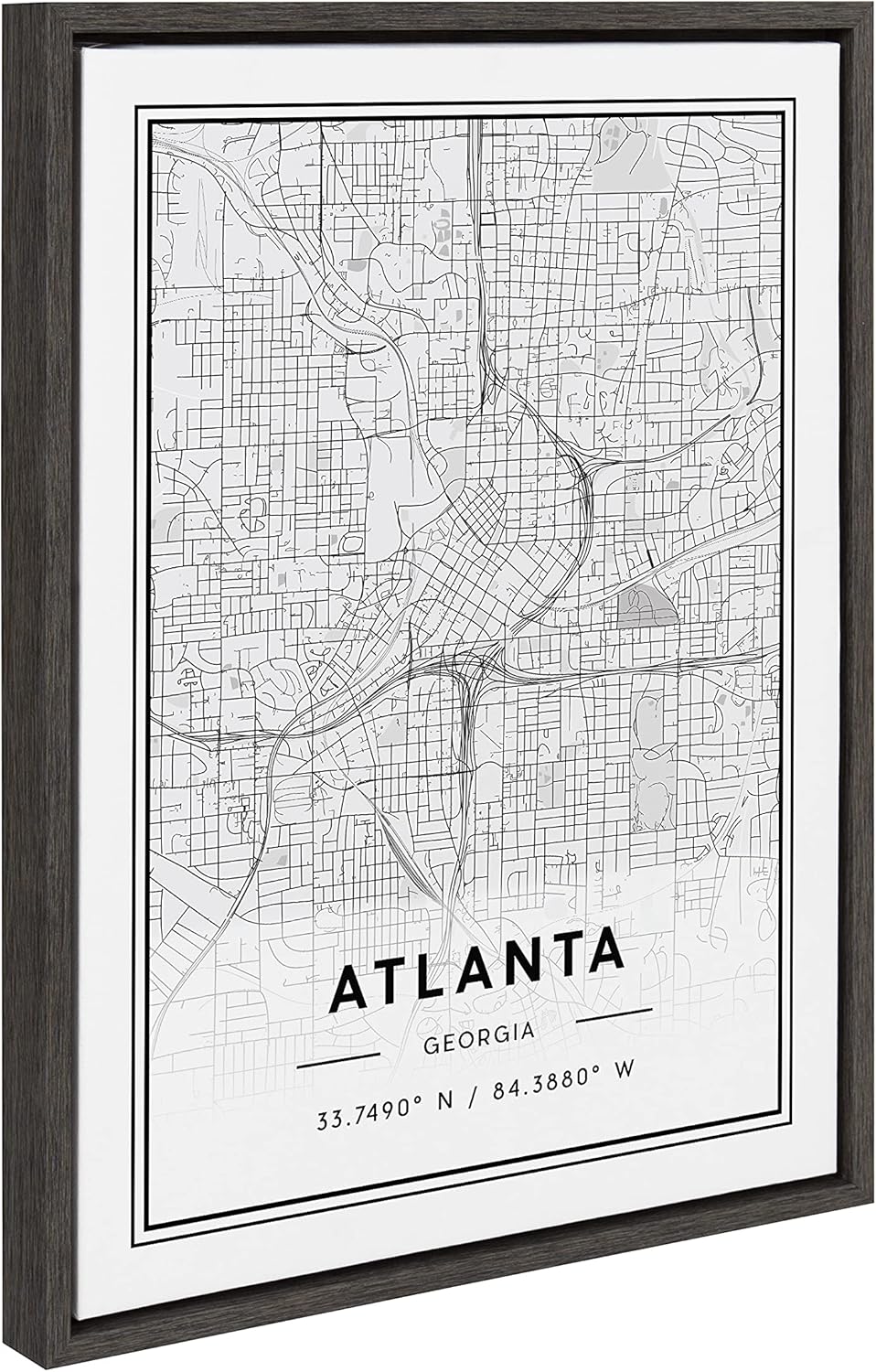 Kate and Laurel Sylvie Atlanta Modern Map Framed Canvas Wall Art by Jake Goossen, 18x24 Gray, Geography Art for Wall