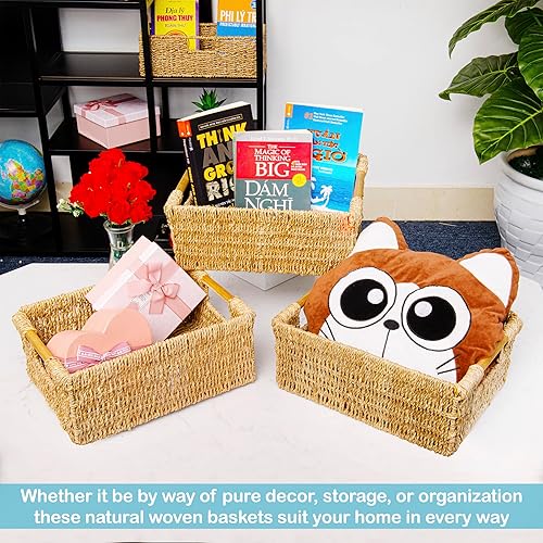 Miniatura 7 de VATIMA Cestas de almacenamiento para organizar, cestas de mimbre natural con asas de madera integradas, cestas de pastos marinos para estantes,