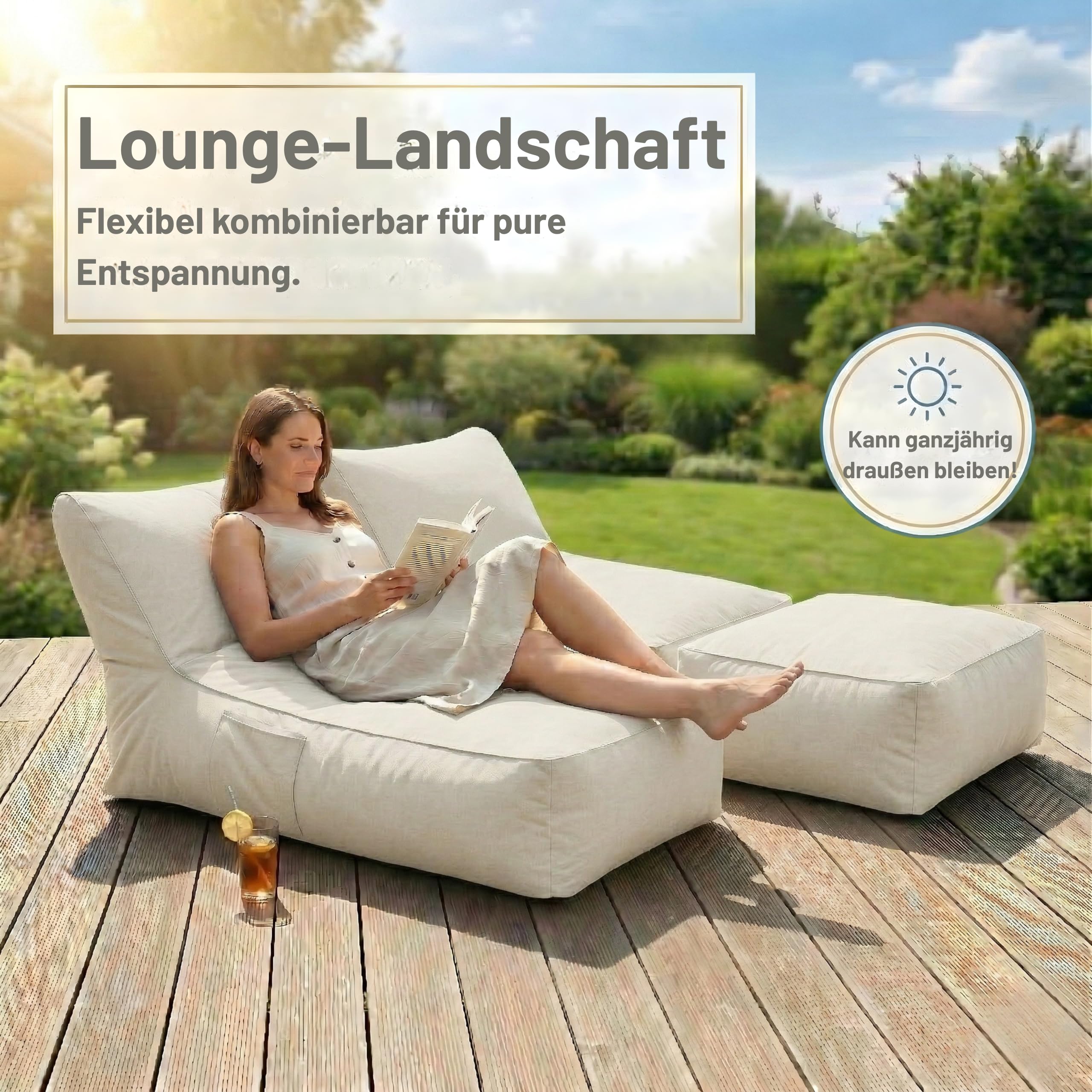 Premium XXL Outdoor Sitzsack-Liege mit Memory Foam Füllung, wetterfest & UV-beständig, 600D Oxford Nylon, für Garten, Balkon, Pool (Beige/Hellgrau/Dunkelgrau) (Hellgrau, Sitzsack lang)