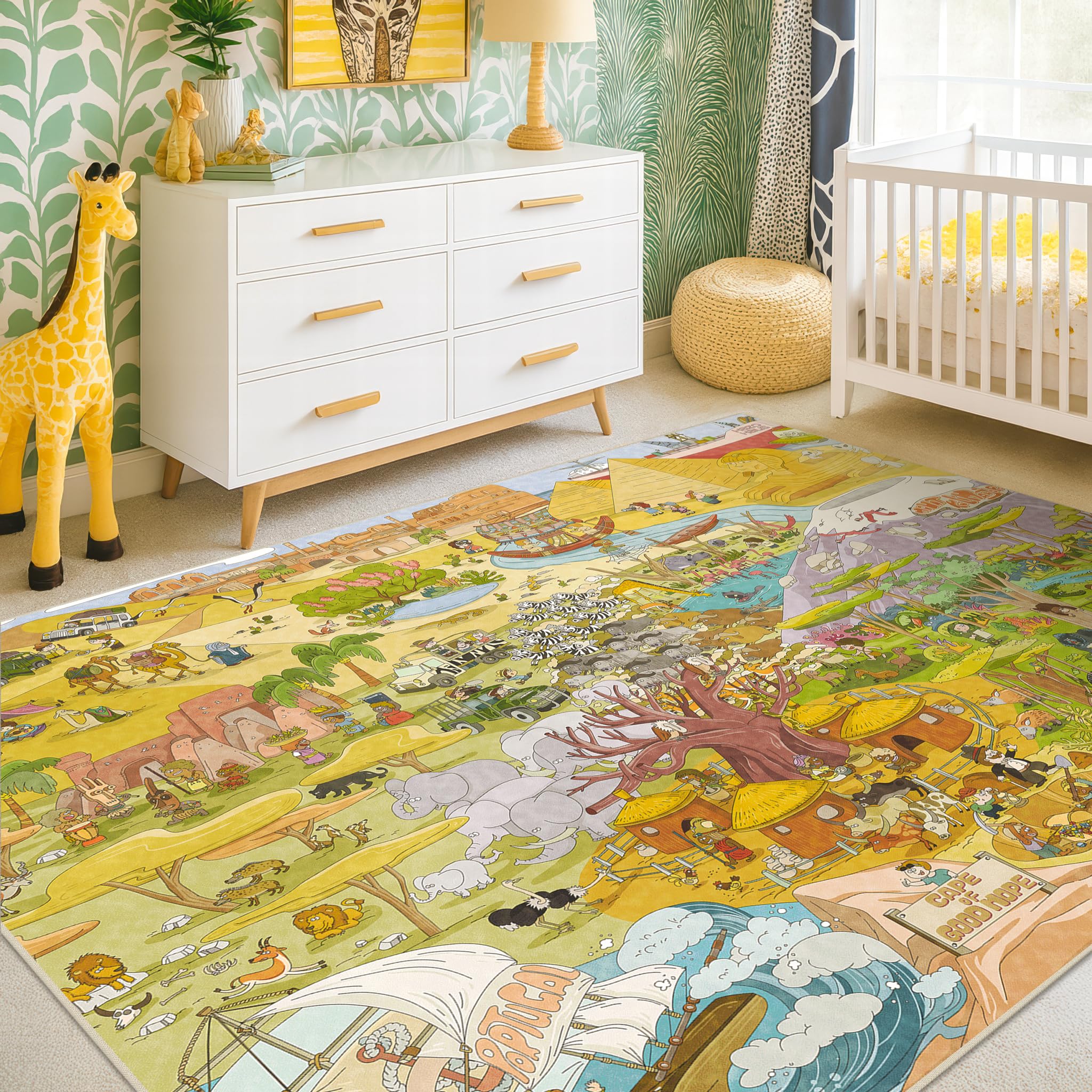 Desert Adventure Kids Rug 5x7 – Safari Animal Map Carpet with Lions, Elephants, Giraffes &amp; Tribes – Educational Area Rug for Bedroom, Classroom, or Playroom, Gold and Vibrant Decor