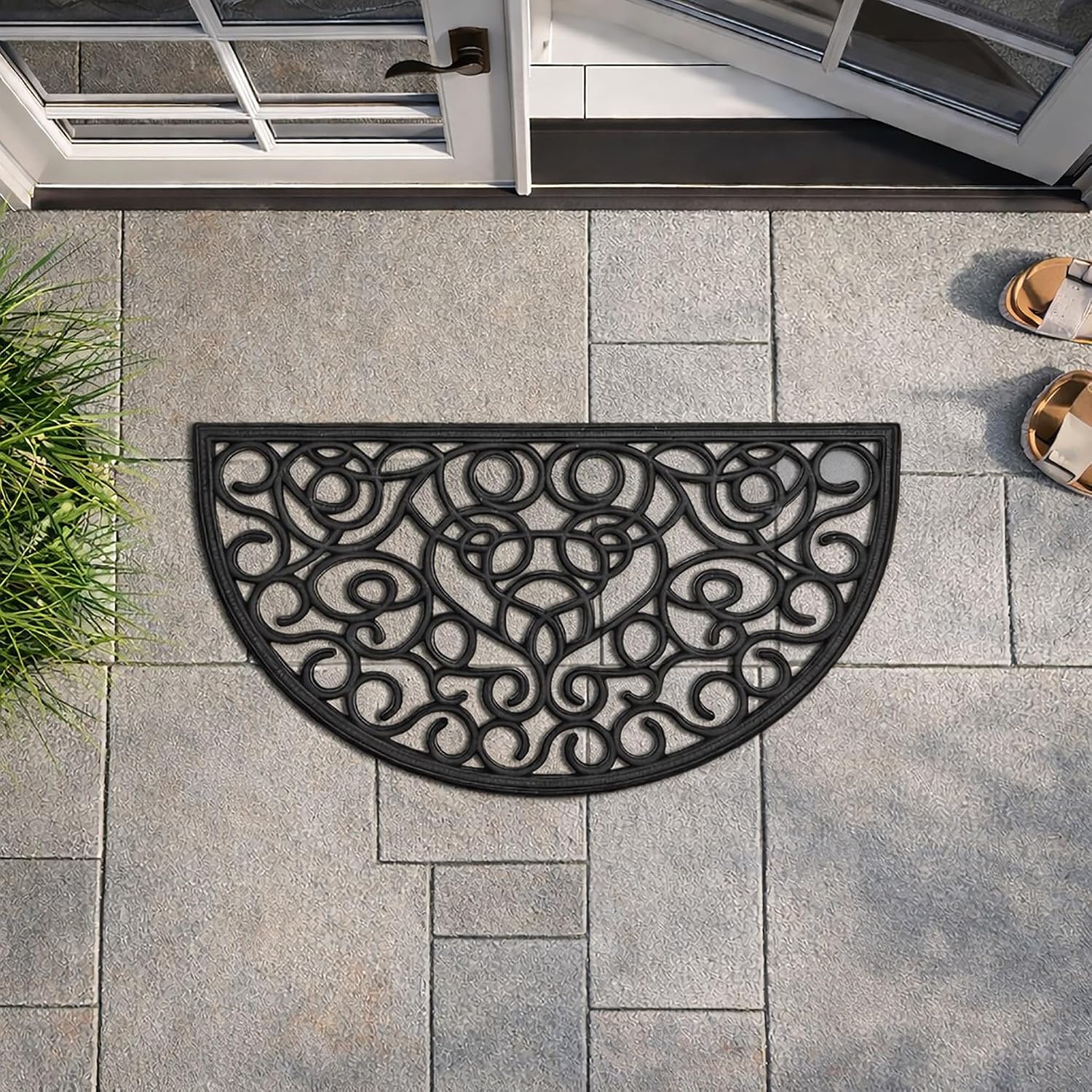 EVIDECO French Home Goods Outdoor Half Round Front Door Mat Rubber Rug 30x18 Black