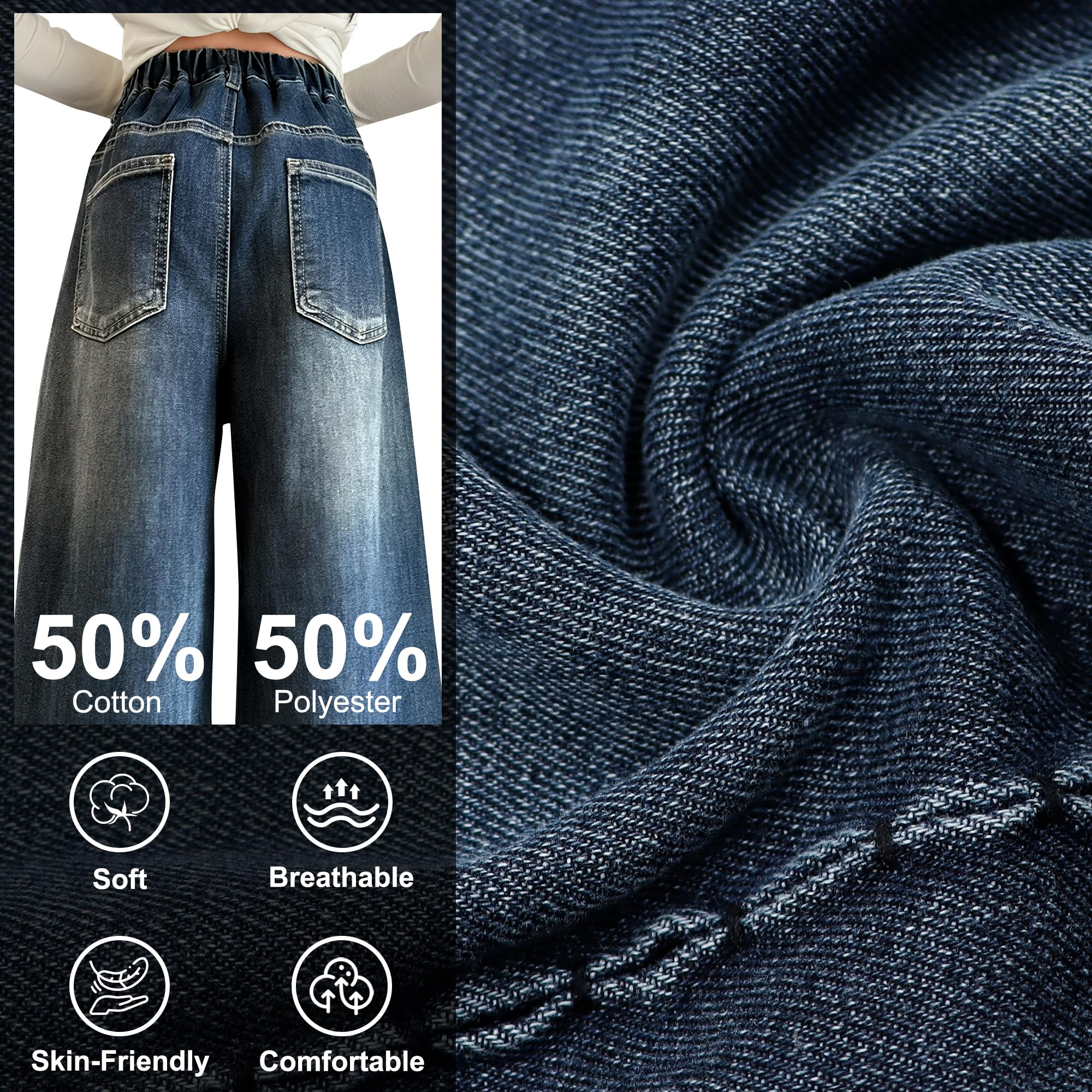 Vaqueros para Niñas, Baggy Cintura Elasticos Denim Jeans Pierna Anchos Pantalones Largo con Bolsillos Cómodo Casual Loose Moda Streetwear Infantil Ropa para 7-14 años