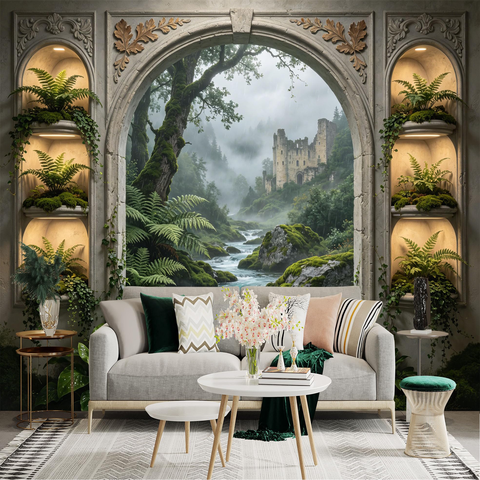 Custom Size Wall Sticker Mural， Misty Forest River with Ancient Castle and Stone Arch Window， for wall Decoration， peelandstick wall Decals.