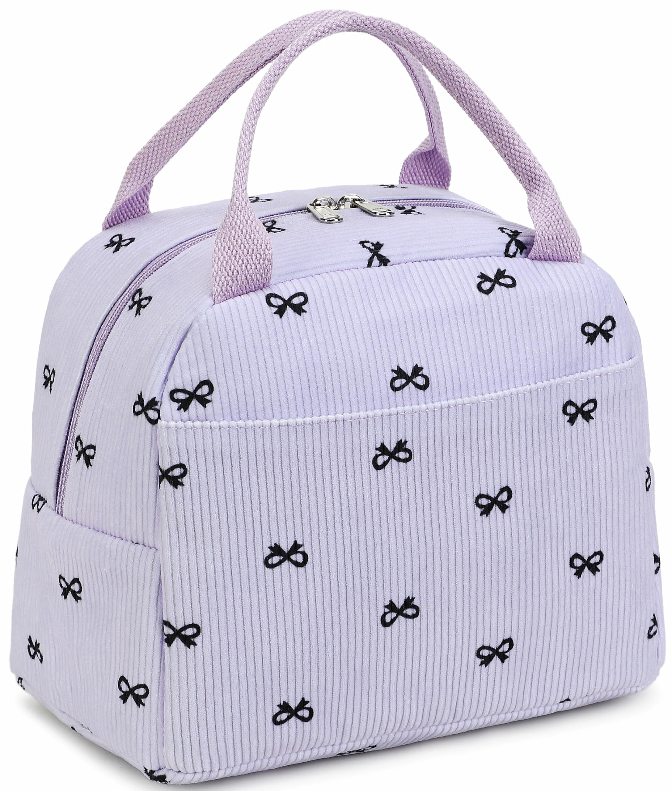 LEDAOU Lunch Box for Women Insulated Lunch Bag Corduroy Lunch Tote Bags Leakproof Cooler Lunch Case for Travel Work Picnic (Purple bow pattern)