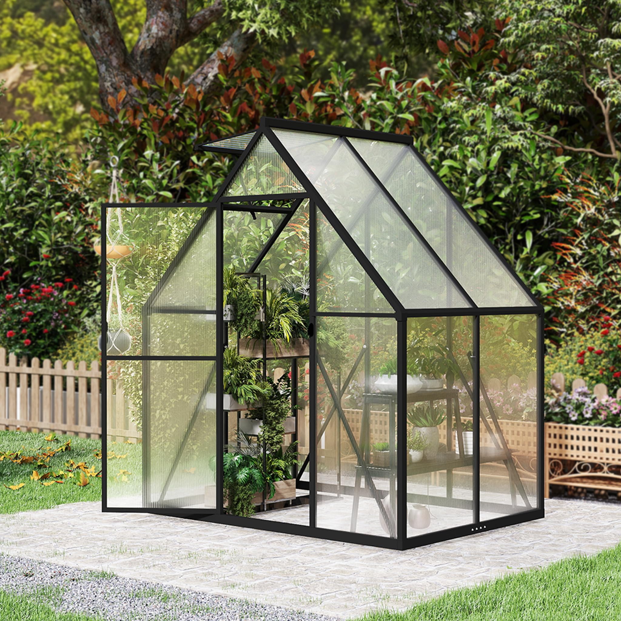 Aufun Premium Gewächshaus Aluminium, 2.25m² Gartengewächshäuser mit 6 cm Fundament und 4 mm PC Platte Treibhaus Tomatenhaus Gartenhaus UV beständig Wetterfest für den Garten, 125x180x195 cm
