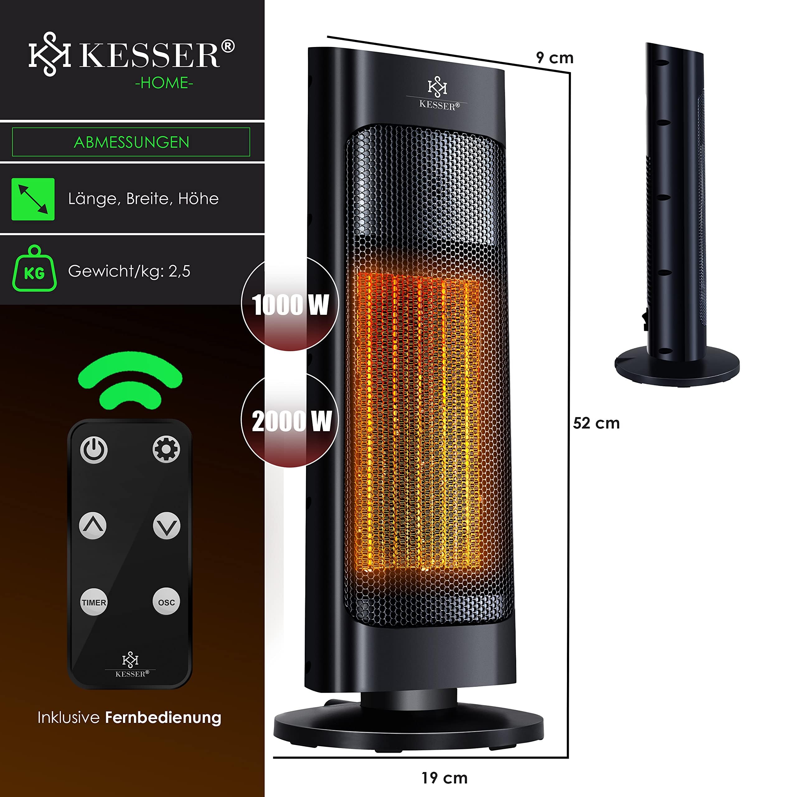 KESSER® Radiateur Soufflant avec Télécommande - Économe en Energie - Silencieux - 2000 W - En Céramique - 15-30 °C - Chauffage Rapide avec Fonction Oscillation de 80 ° - Minuterie 24 h (Noir)