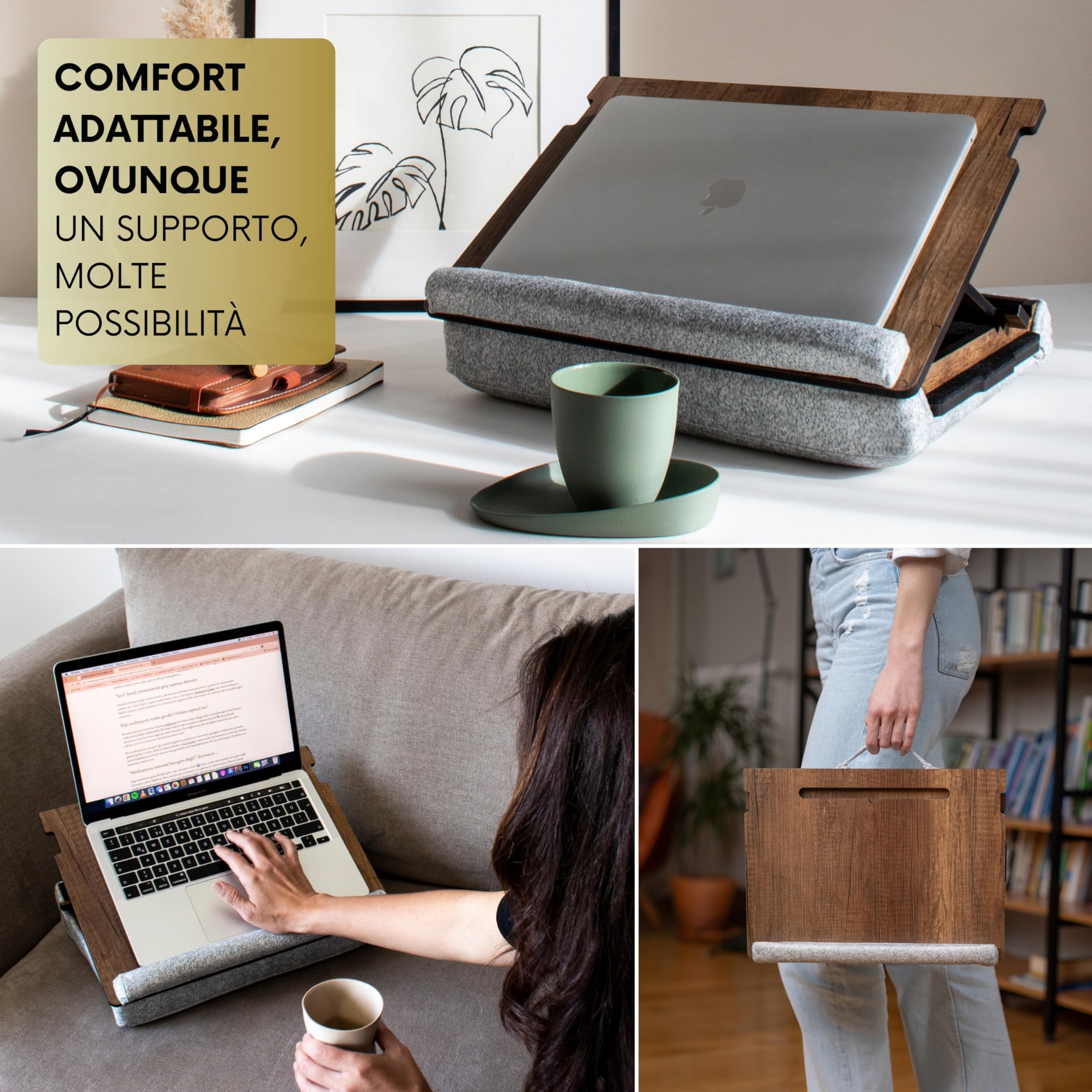 YUELAKE Grande Vassoio Portatile Da Scrivania Con Cuscino, Adatto Per Laptop Fino A 43,2 Cm, Con Spazio Per Mouse, Marrone, Leggero E Salvaspazio